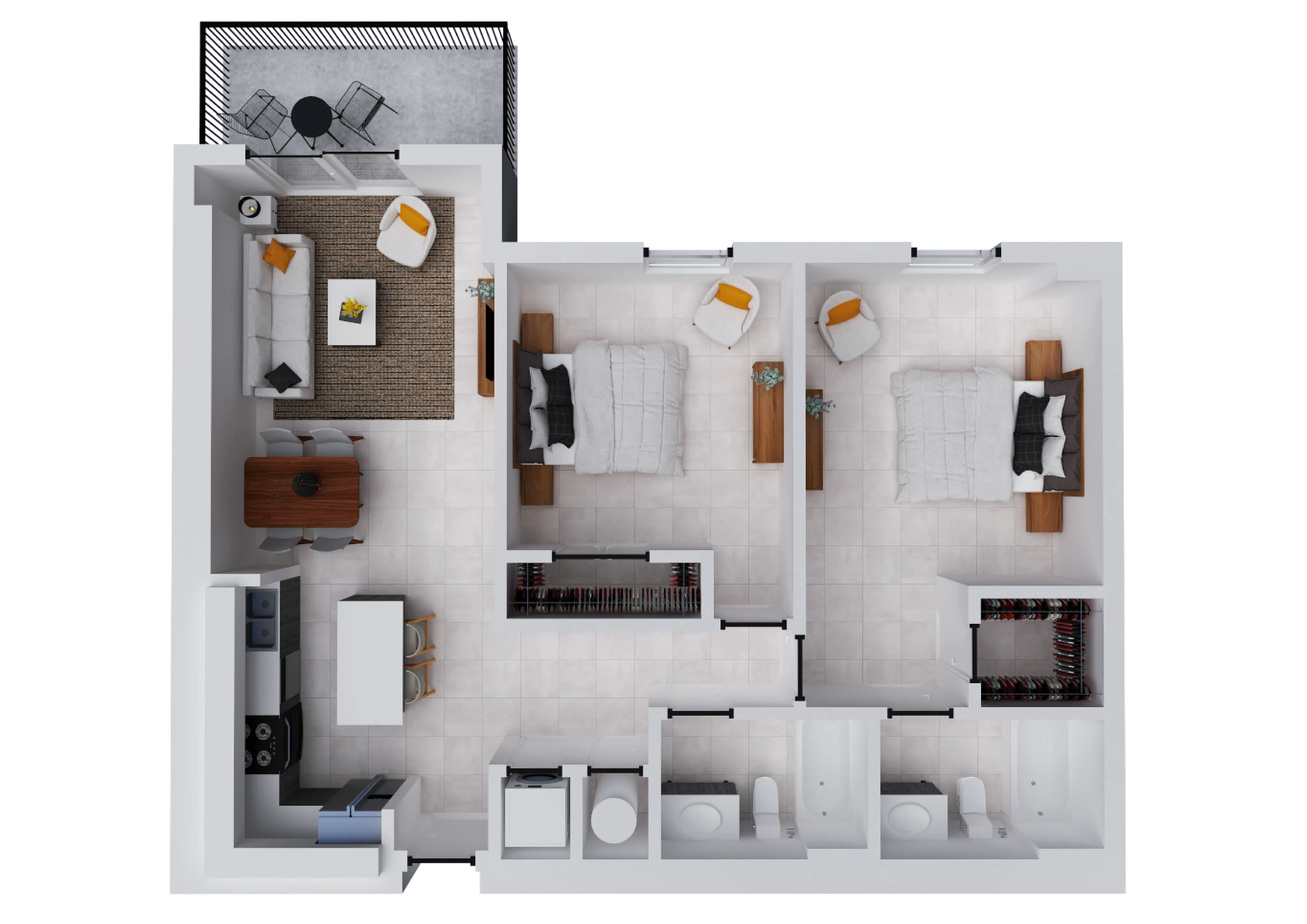 Modern 2D floor plan highlighting 2 spacious bedrooms, a cozy living room, elegant kitchen, and private balcony.