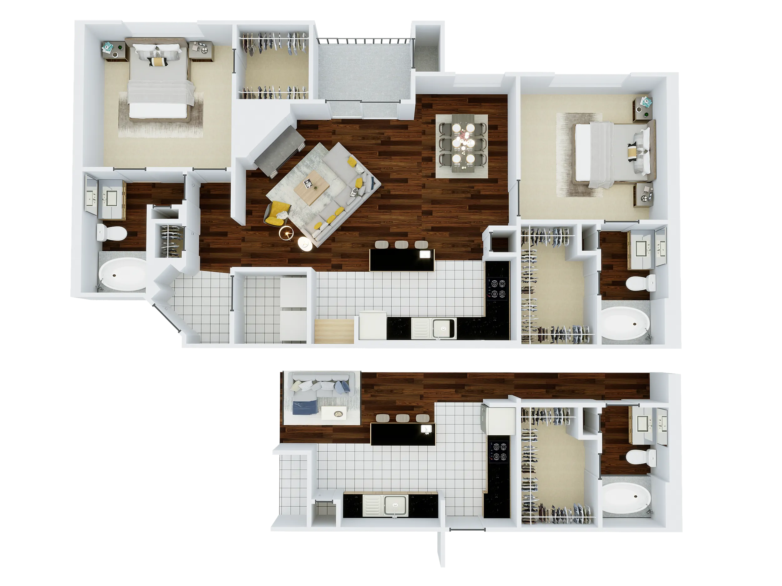 Bright and modern 3D floor plan showcasing two-level design with 3 bedrooms, 2.5 bathrooms, an open-concept kitchen with island, stylish living area, and spacious dining space.