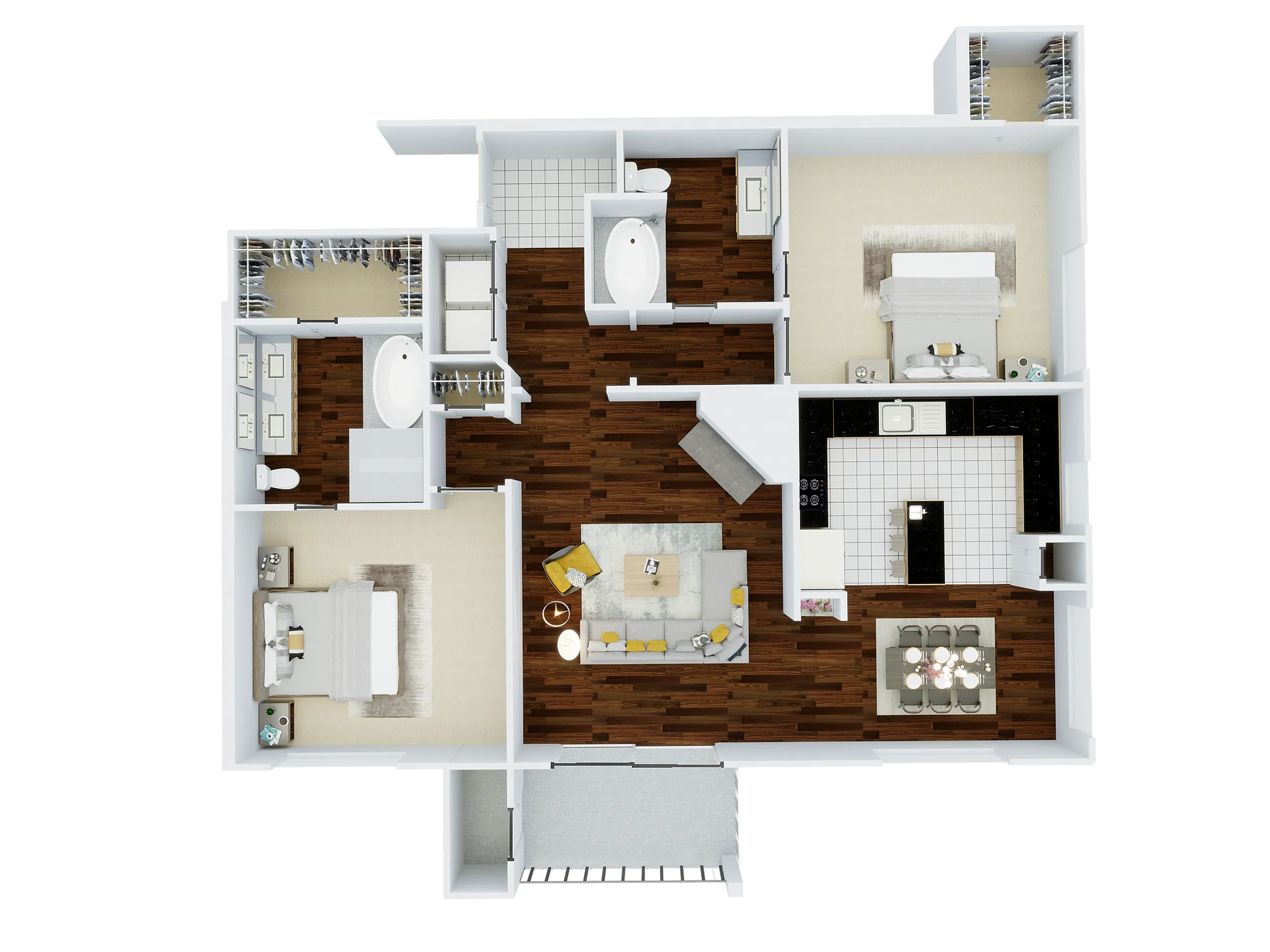 Modern floor plan showcasing 2 spacious bedrooms, an elegant open living room, and a contemporary kitchen with bar seating.