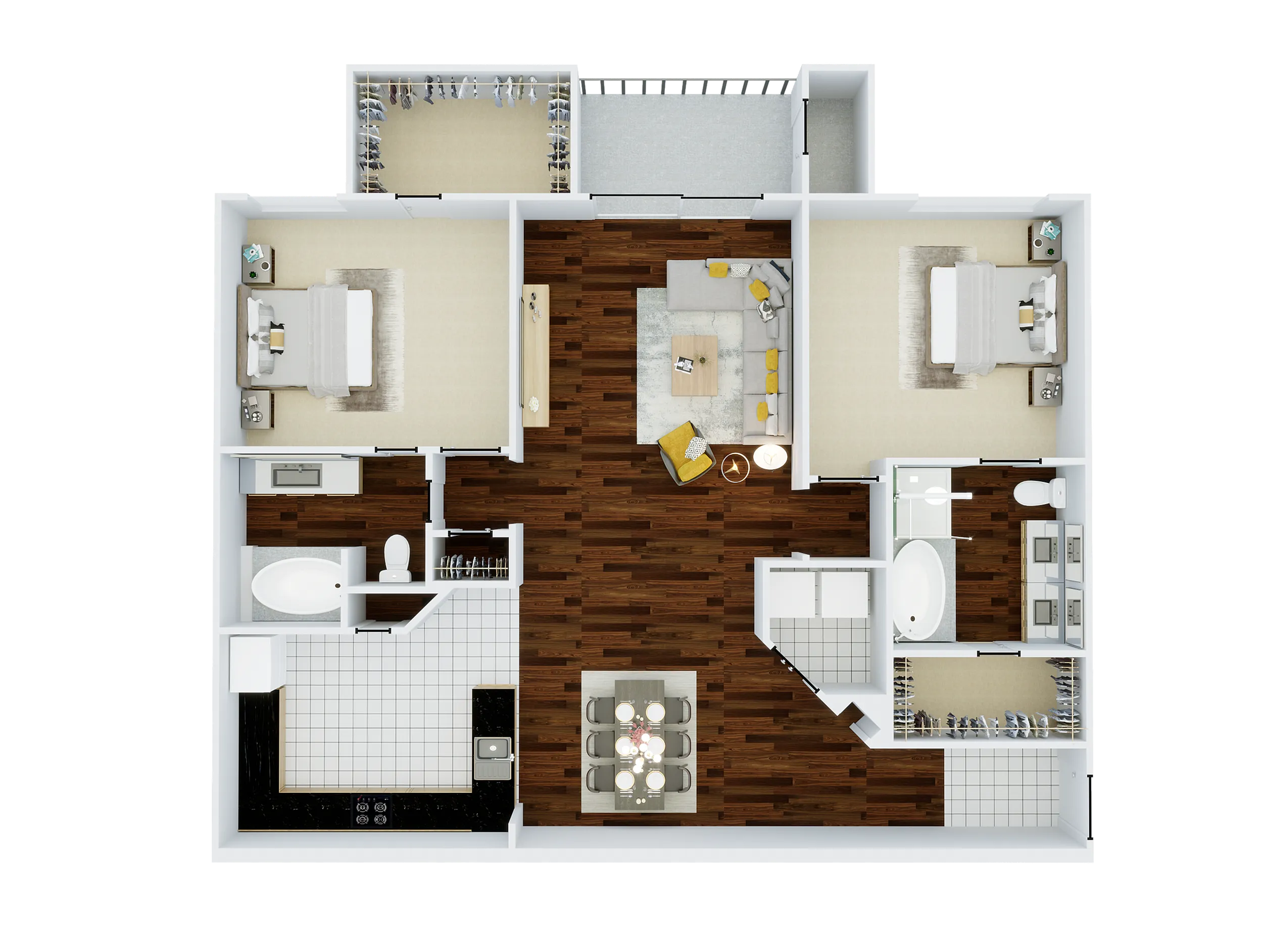 Modern 2D floor plan showcasing two spacious bedrooms, an open living area with stylish furnishings, a sleek kitchen, and elegant bathrooms, designed for comfort and style.
