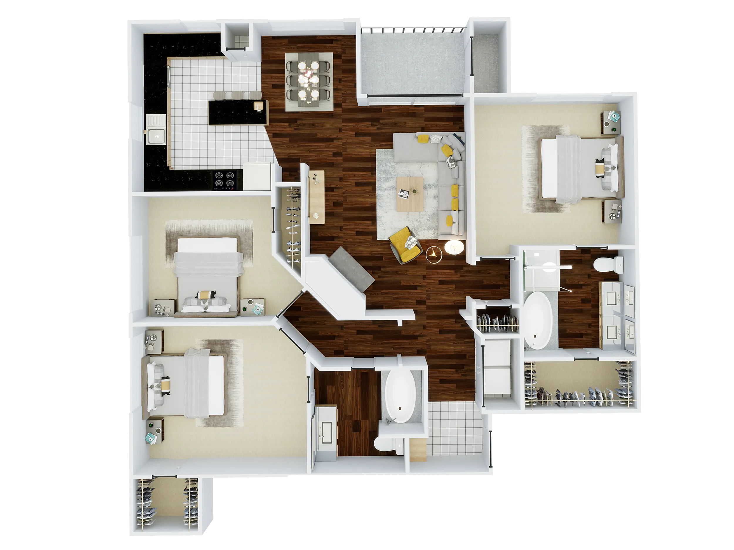 Elegant 3D apartment floor plan featuring 3 spacious bedrooms, an open-concept living and dining area, modern kitchen, and luxurious bathrooms with ample storage.