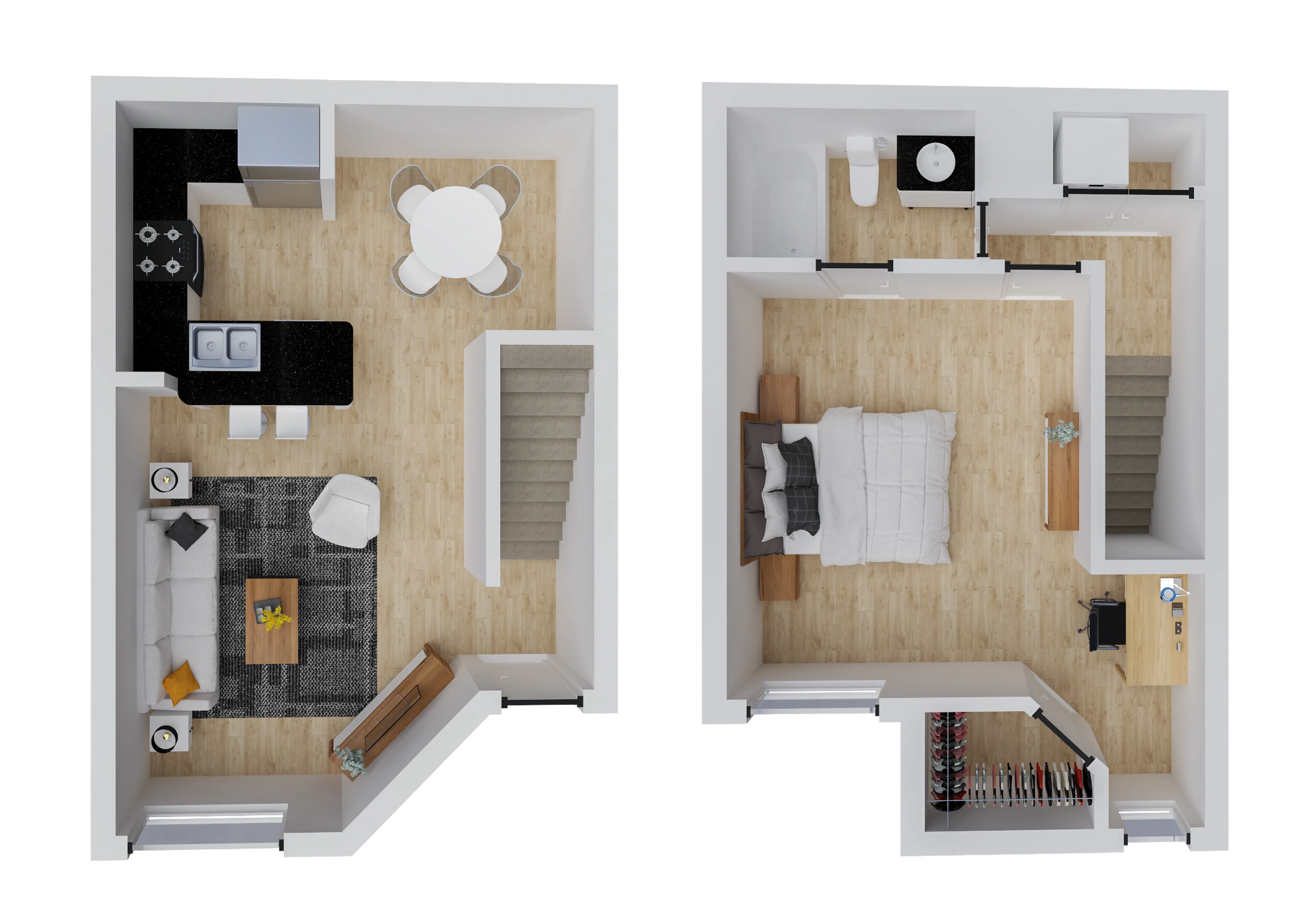 Modern duplex floor plan featuring an inviting open-concept kitchen and living room downstairs, with a cozy bedroom and home office upstairs.