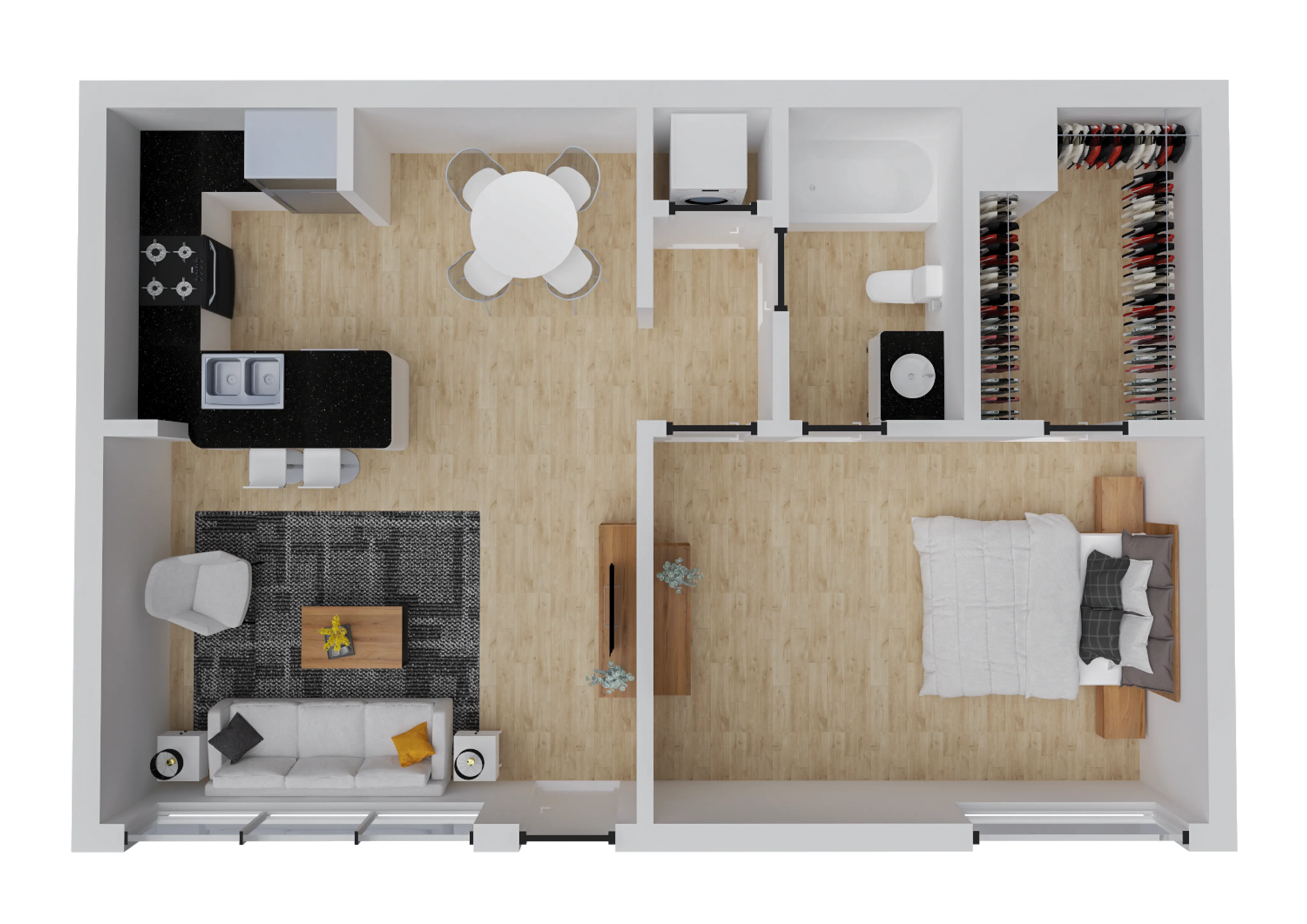 Contemporary 3D floor plan showcasing a spacious one-bedroom apartment with an open-concept kitchen, cozy living area, and modern bathroom.