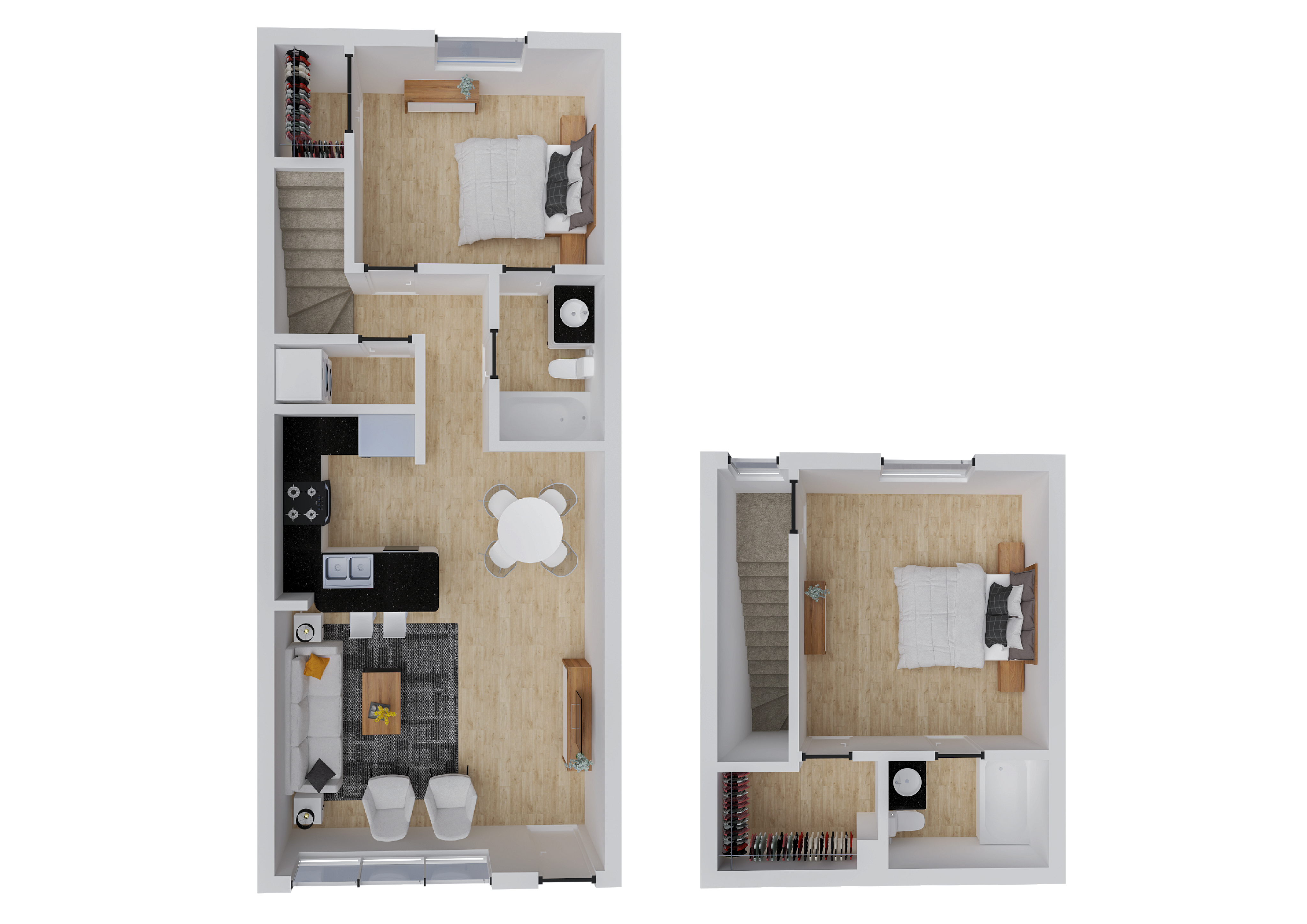 Modern two-story floor plan with two bedrooms, an open-concept living and dining area, and a sleek kitchen, perfect for stylish living.