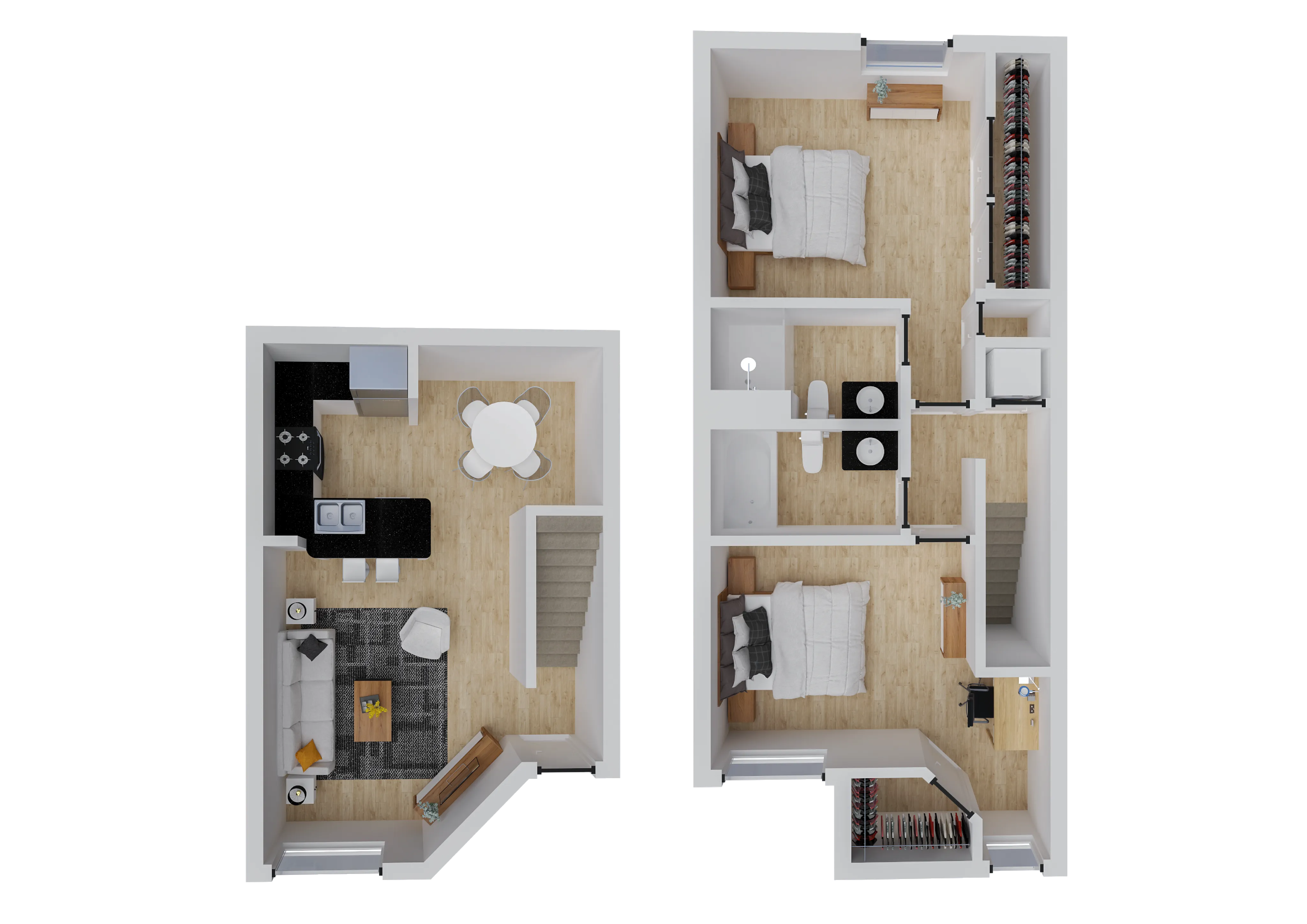 Contemporary 2D floor plan featuring two cozy bedrooms, a modern kitchen, elegant living area, and a spacious bathroom, ideal for stylish and comfortable living.
