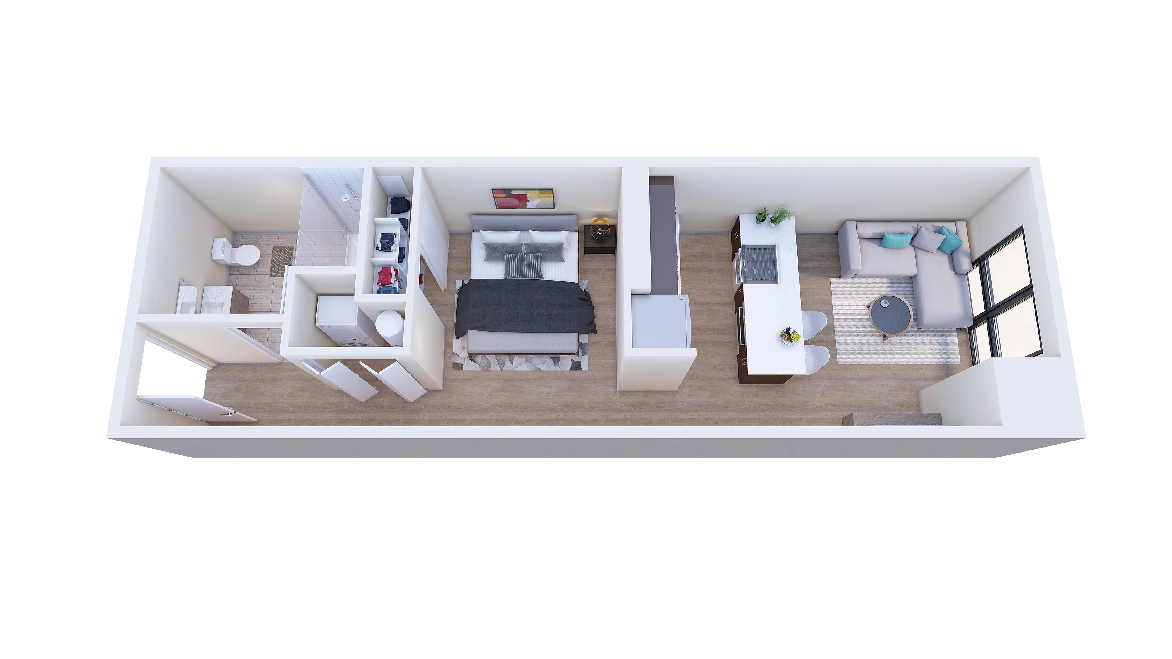 Modern 3D floor plan showcasing a cozy bedroom, sleek bathroom, and open-plan kitchen-living area with large windows.