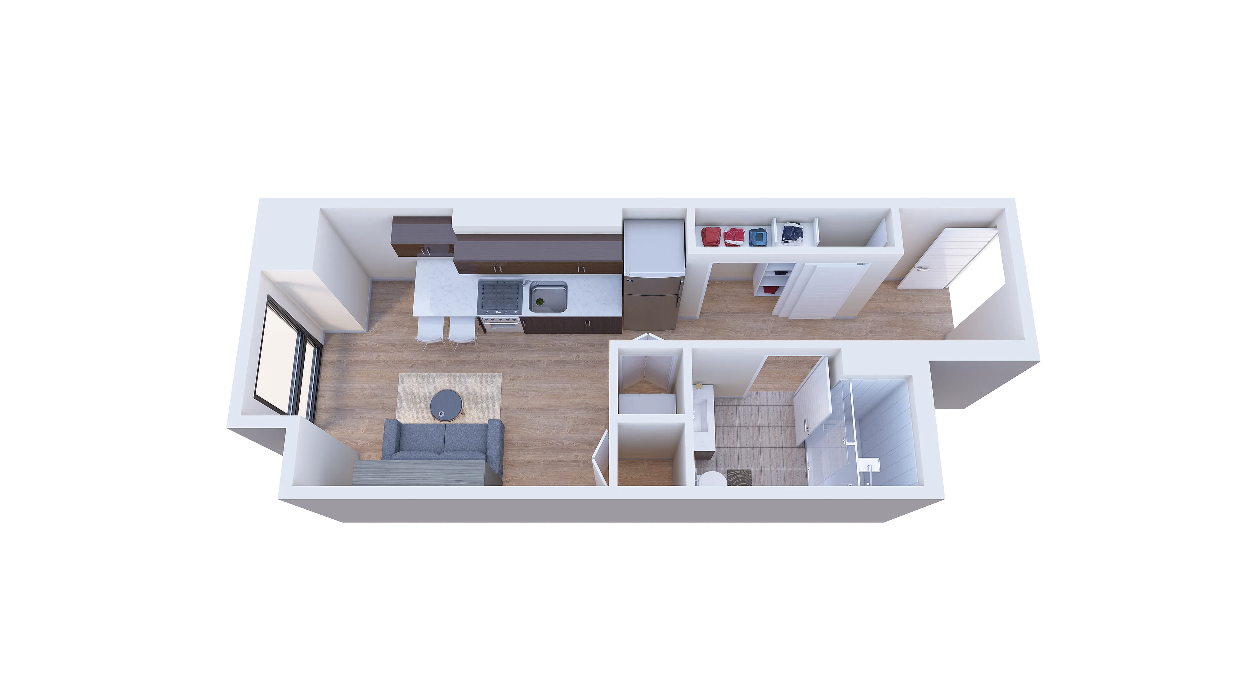 Modern 3D apartment layout with a sleek kitchen, cozy living area, and compact bathroom design.