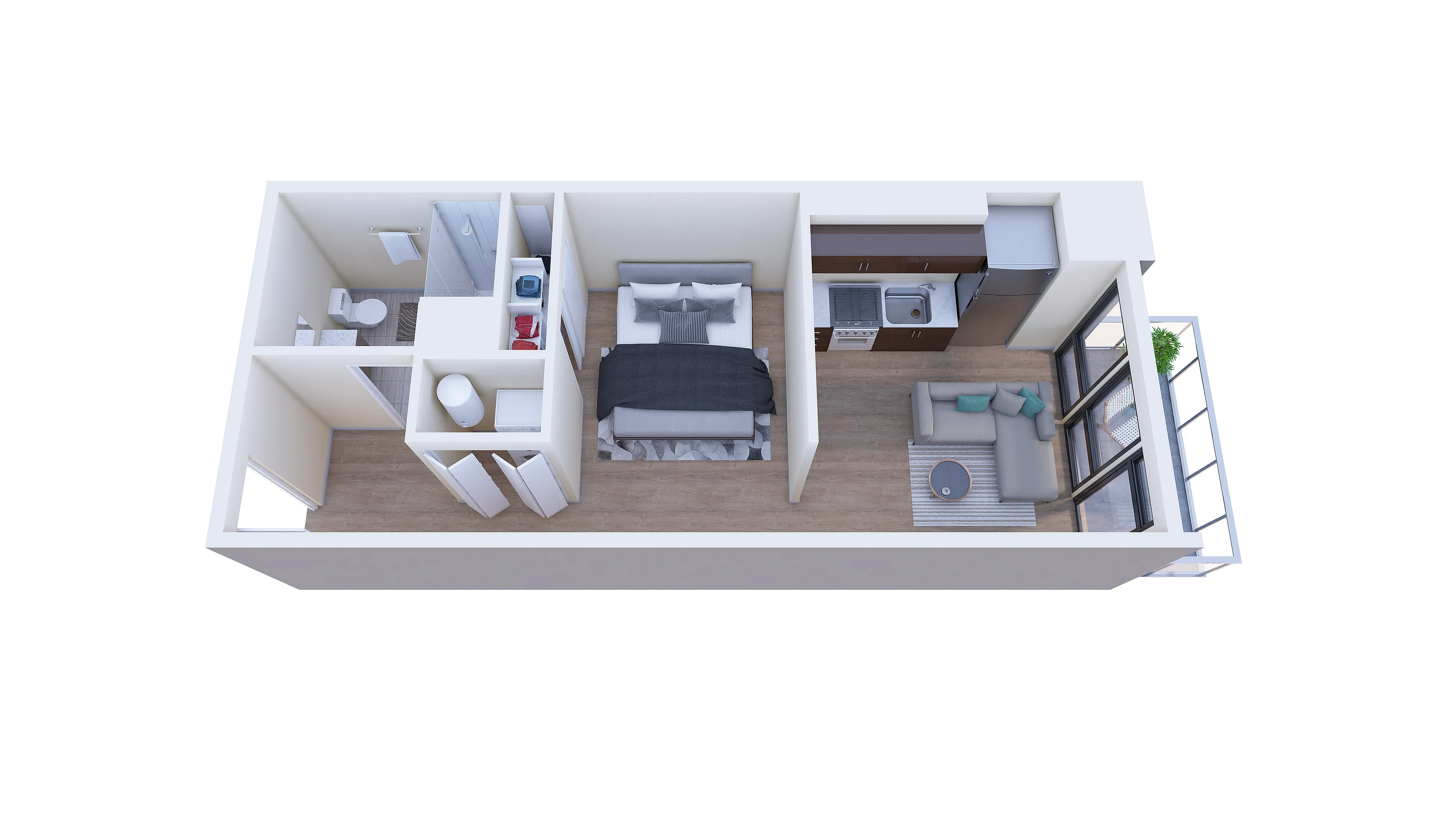 Modern 3D floor plan of a chic studio apartment featuring an open-concept living area, cozy bedroom, and sleek kitchen with large windows.