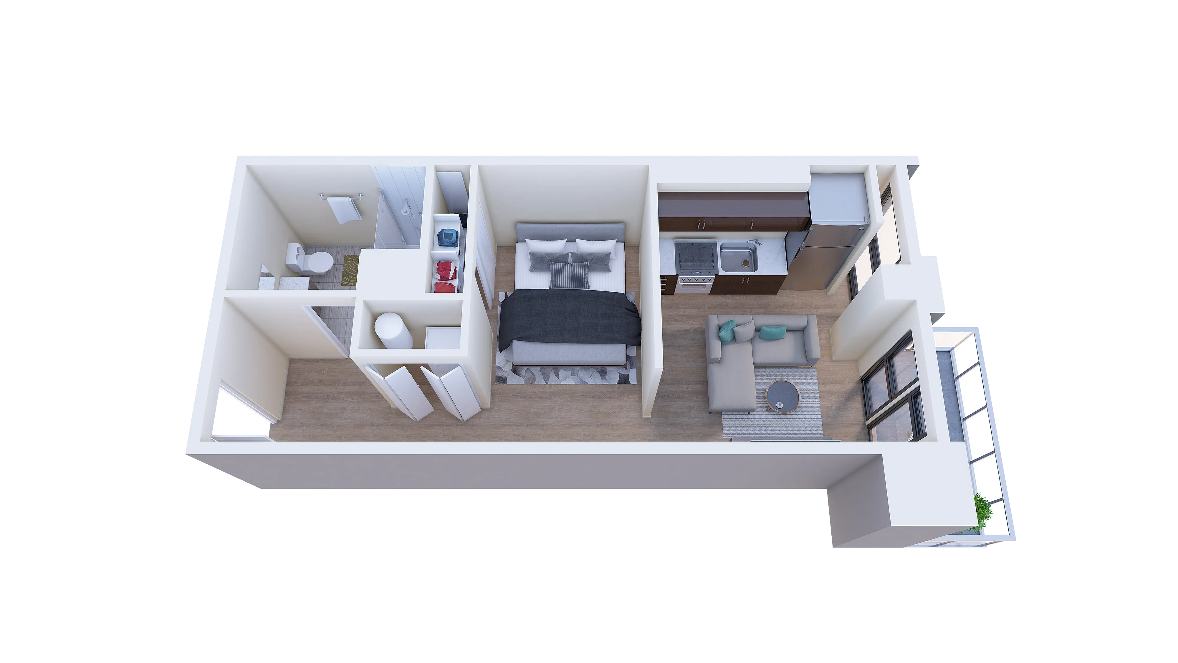 Modern 3D floor plan featuring a cozy bedroom, sleek kitchen, and inviting living area with abundant natural light.