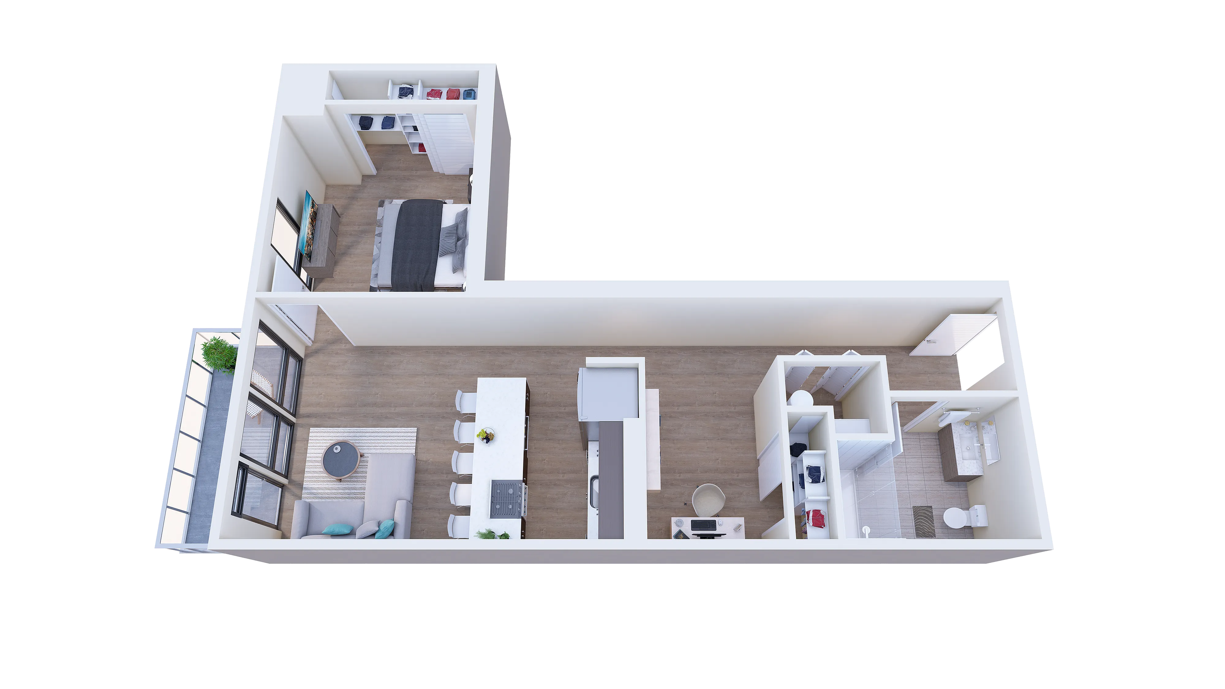 Contemporary 3D floor plan highlighting a spacious layout with a bedroom, modern kitchen, cozy living area, and sleek bathroom. Floor-to-ceiling windows offer abundant natural light.