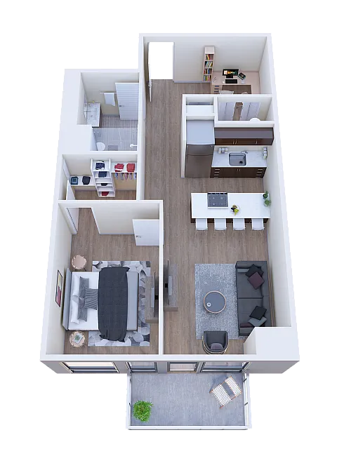 Modern apartment layout with one bedroom, open-concept kitchen and living area, featuring a cozy patio and elegant wood flooring.
