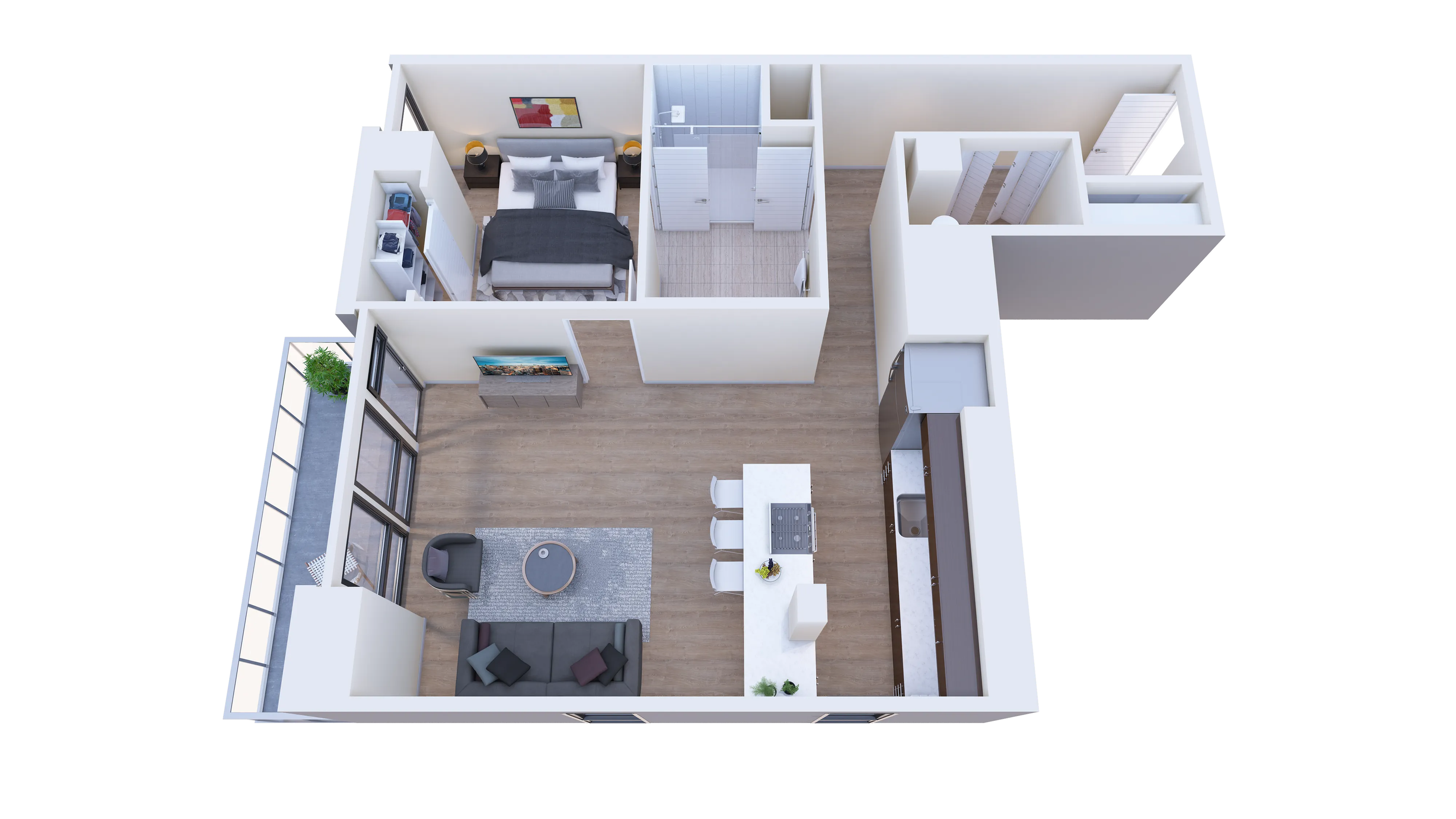 Modern 3D floor plan showing a stylish one-bedroom apartment with open-concept living and dining area, sleek kitchen, and large windows for natural light.