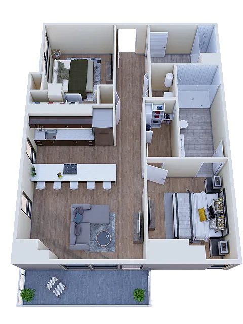Modern 3D floor plan showcasing 2 bedrooms, a sleek open-concept kitchen, cozy living area, and spacious balcony.