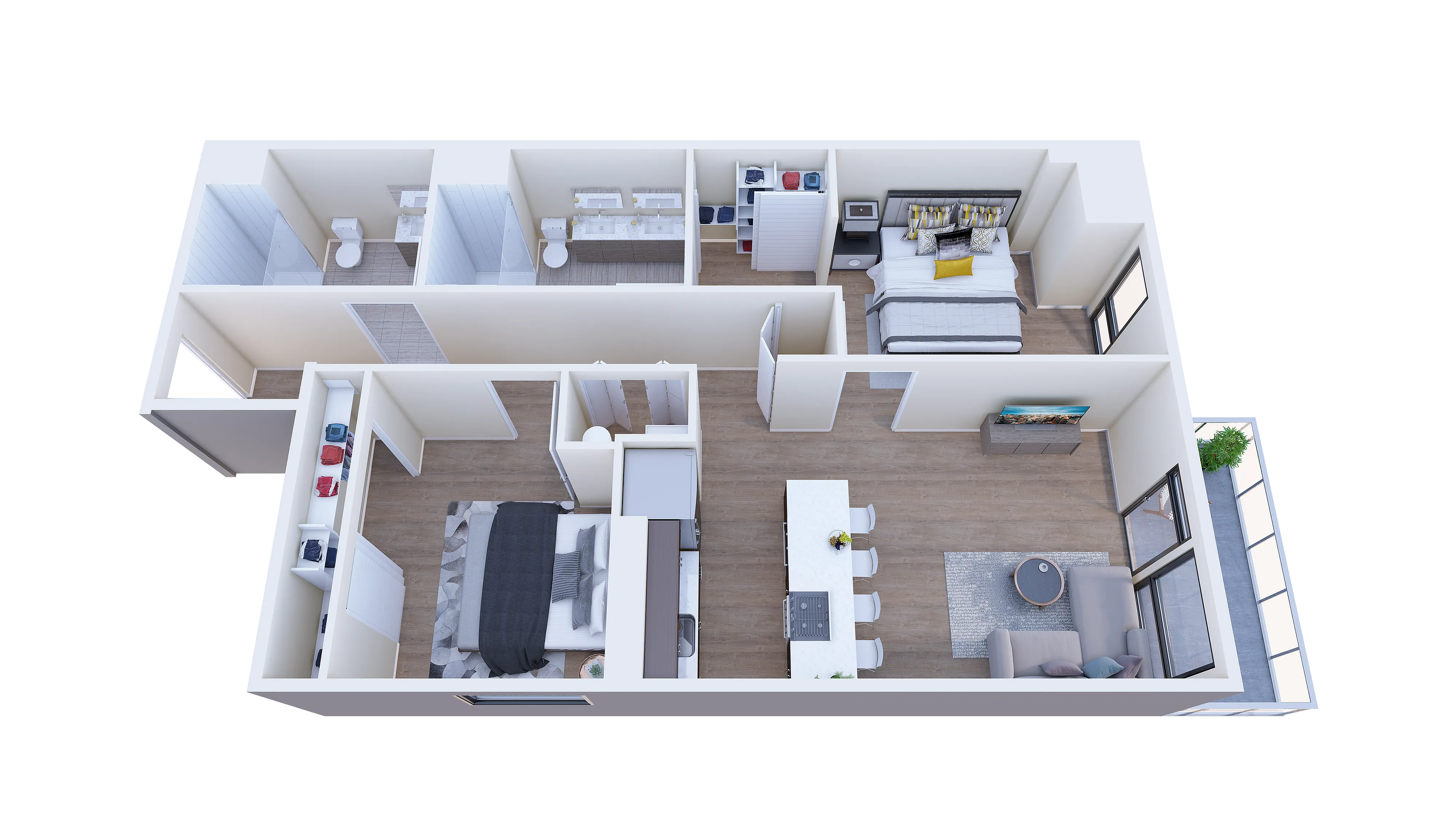 Modern 3D apartment floor plan with two bedrooms, open kitchen, elegant living area, and two bathrooms, showcasing sleek design and spacious layout.