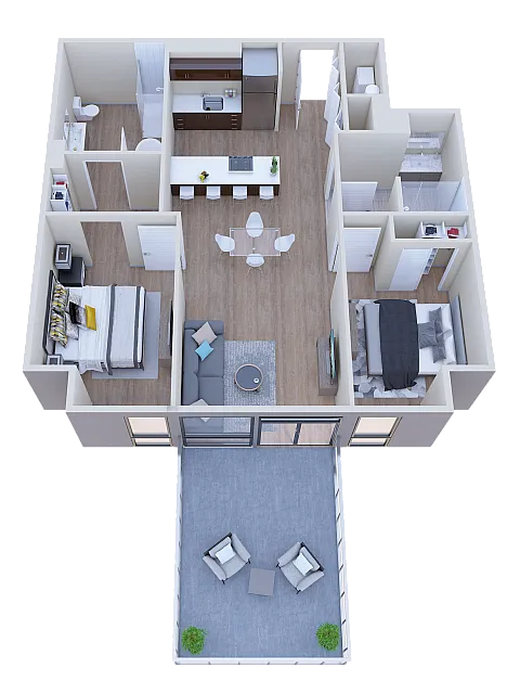 Modern 3D floor plan displaying two bedrooms, open kitchen with island, cozy living room, and expansive balcony.