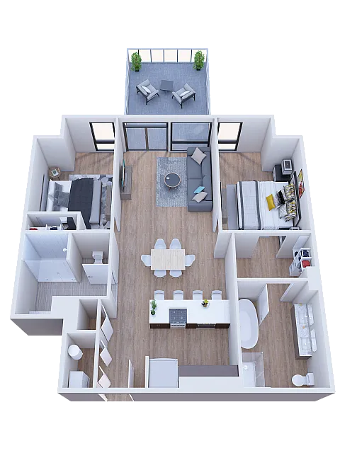 Modern 3D floor plan showcasing 2 elegant bedrooms, spacious open-concept living space, and a stylish kitchen with a breakfast bar, complemented by a cozy outdoor patio.