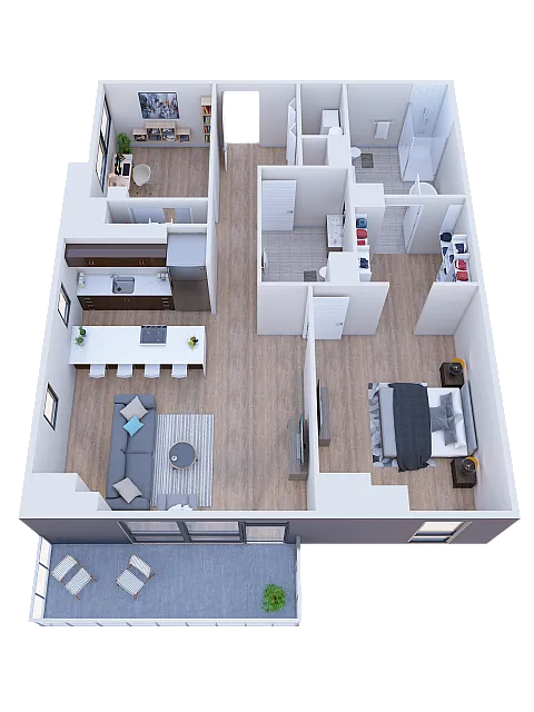 Modern 3D floor plan showcasing a spacious open-concept living and kitchen area, cozy bedroom, stylish bathroom, and inviting balcony.
