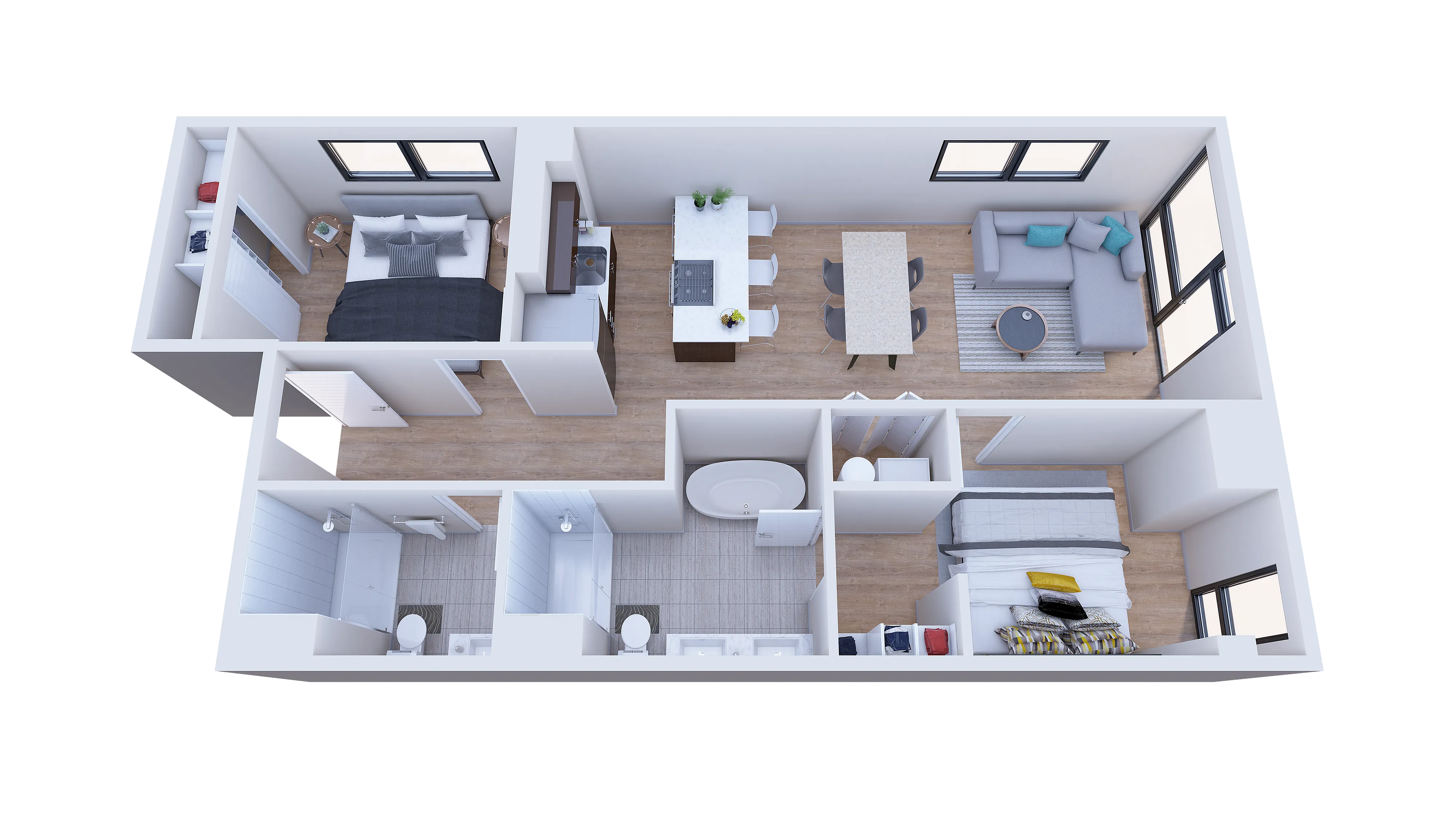 3D floor plan showcasing a modern 2-bedroom apartment with open-concept living room, stylish kitchen, and two sleek bathrooms.