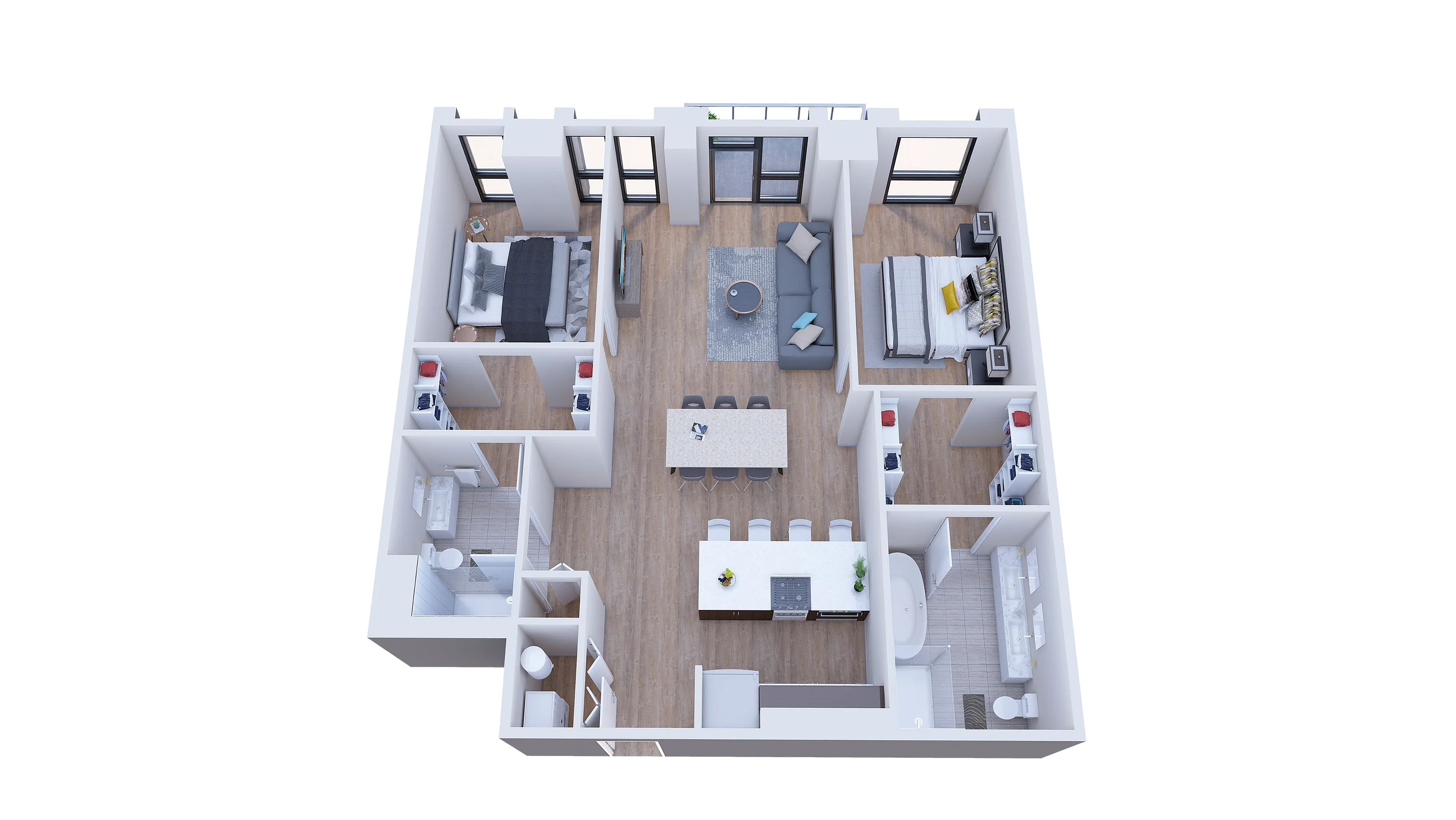 Modern 3D apartment floor plan showcasing 2 bedrooms, open living and dining area, contemporary kitchen, and two bathrooms.