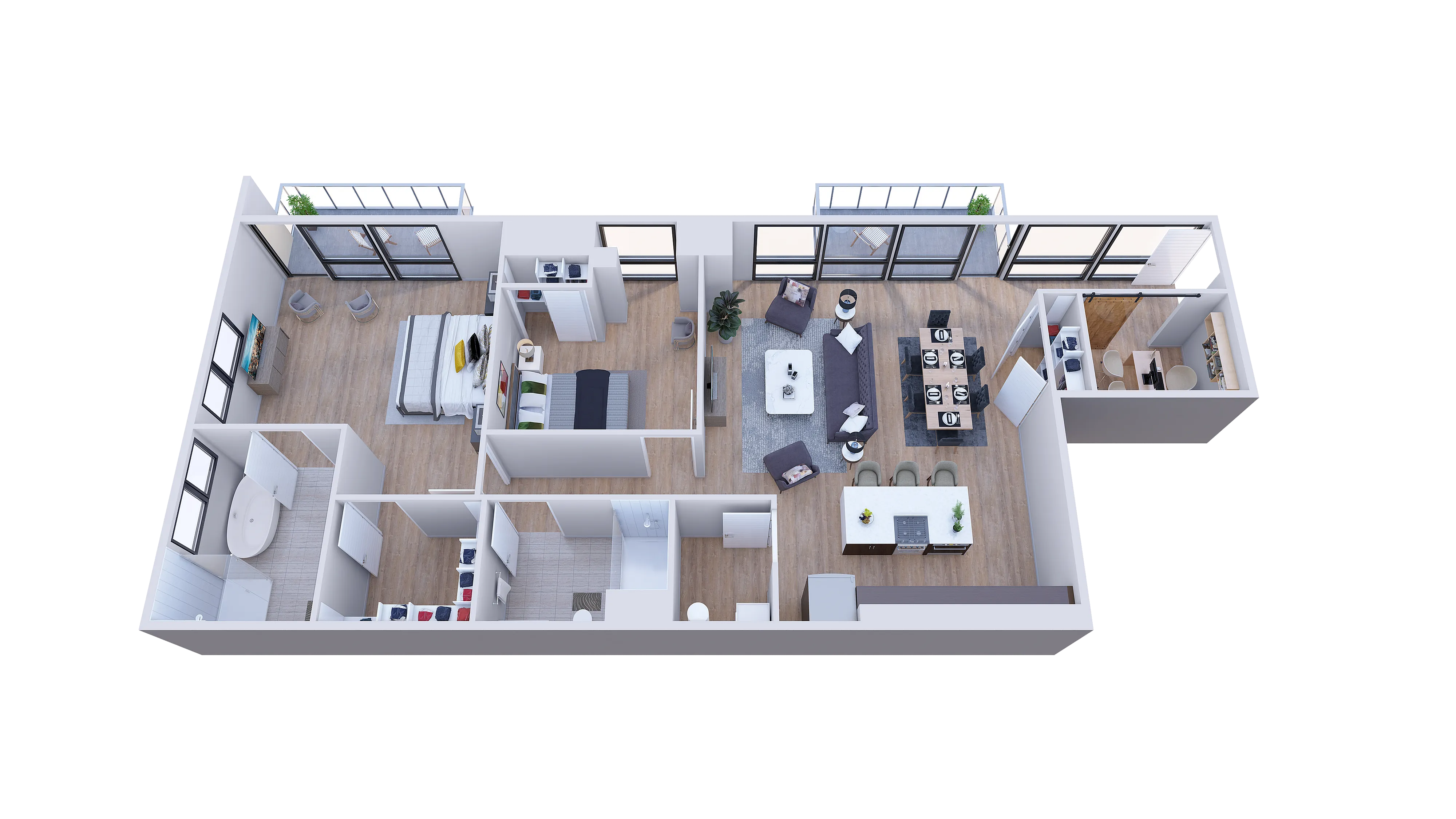 Modern 3D floor plan showcasing a master bedroom with ensuite, stylish open-plan kitchen and dining area, spacious living room, and inviting balcony access.