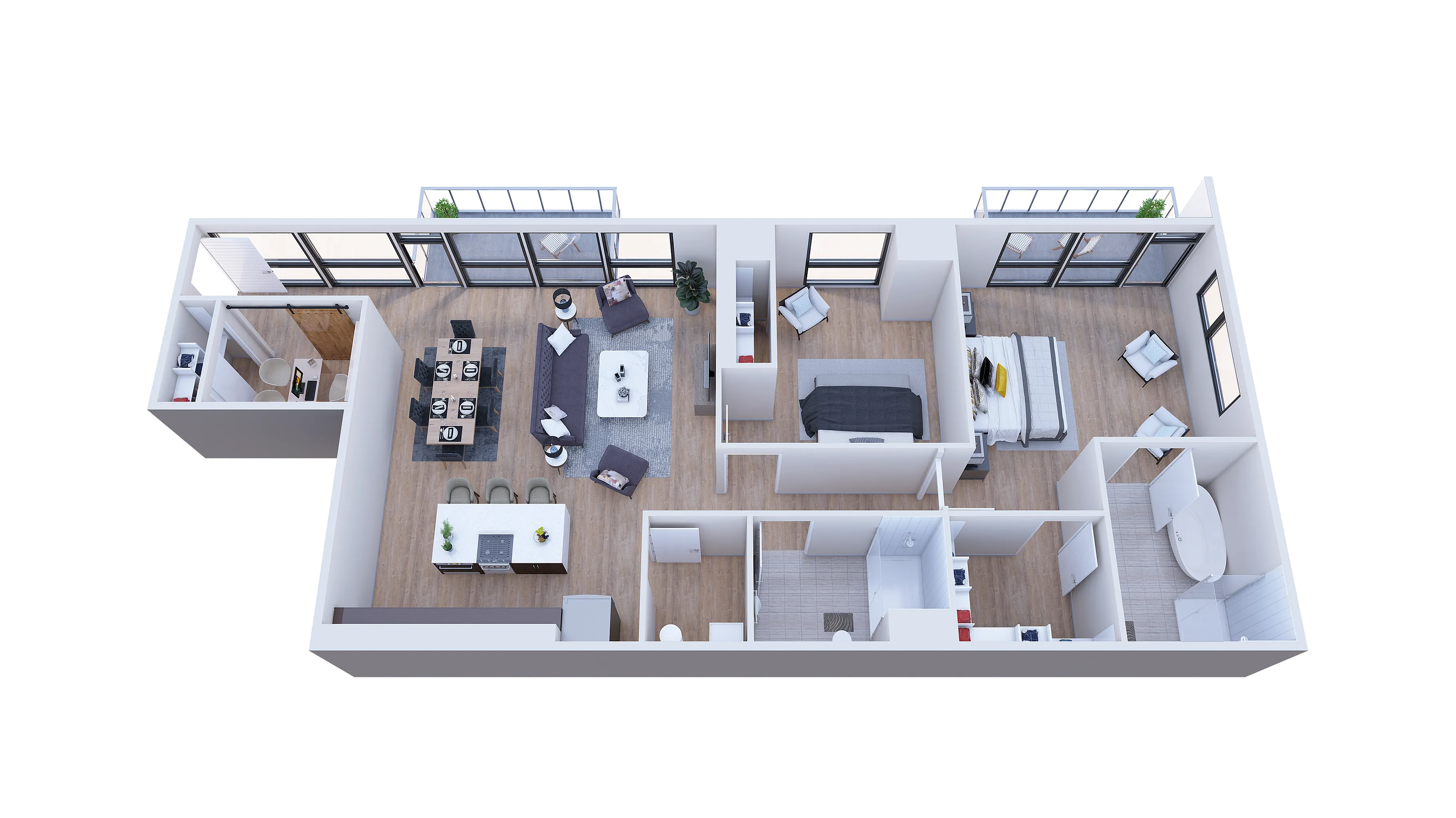 Modern apartment floor plan featuring an open living and dining area, two elegant bedrooms, and a sleek kitchen.