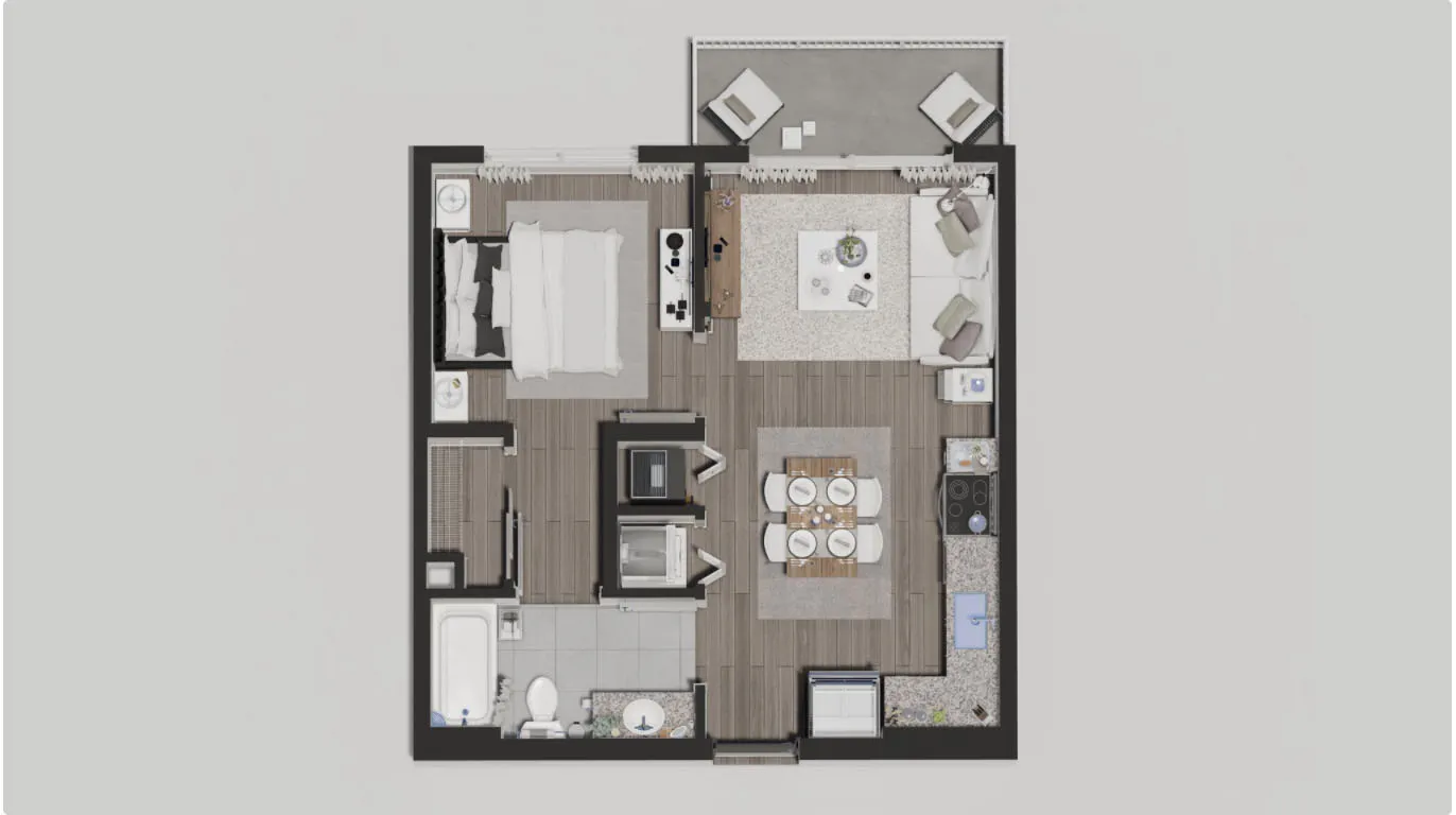 Elegant 2D floor plan showcasing a spacious 1-bedroom apartment with an open living area, dining space, and a modern kitchen. Features a luxurious bathroom and a cozy balcony, ideal for urban living.