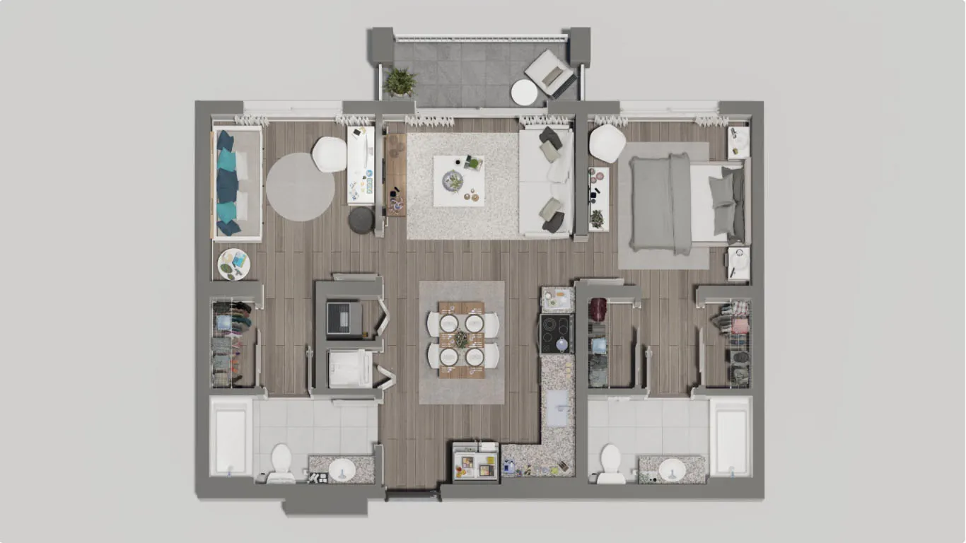 Modern 2D floor plan featuring a luxurious bedroom, spacious living area, chic kitchen, and two elegant bathrooms with stylish finishes.