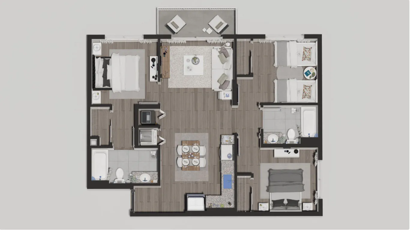 Modern 2D floor plan illustrating a spacious layout with 3 bedrooms, cozy living room, dining area, and two stylish bathrooms.