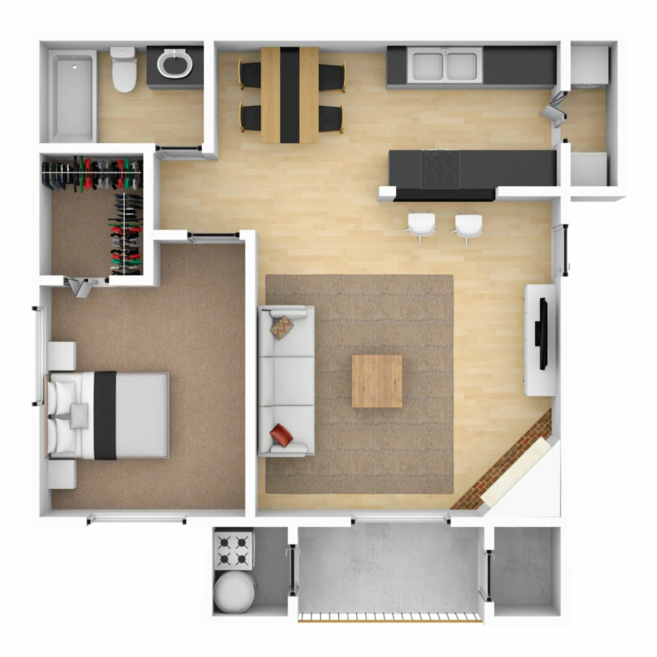Modern floor plan featuring a spacious one-bedroom layout with an open-concept living and dining area, stylish kitchen, and a cozy balcony.