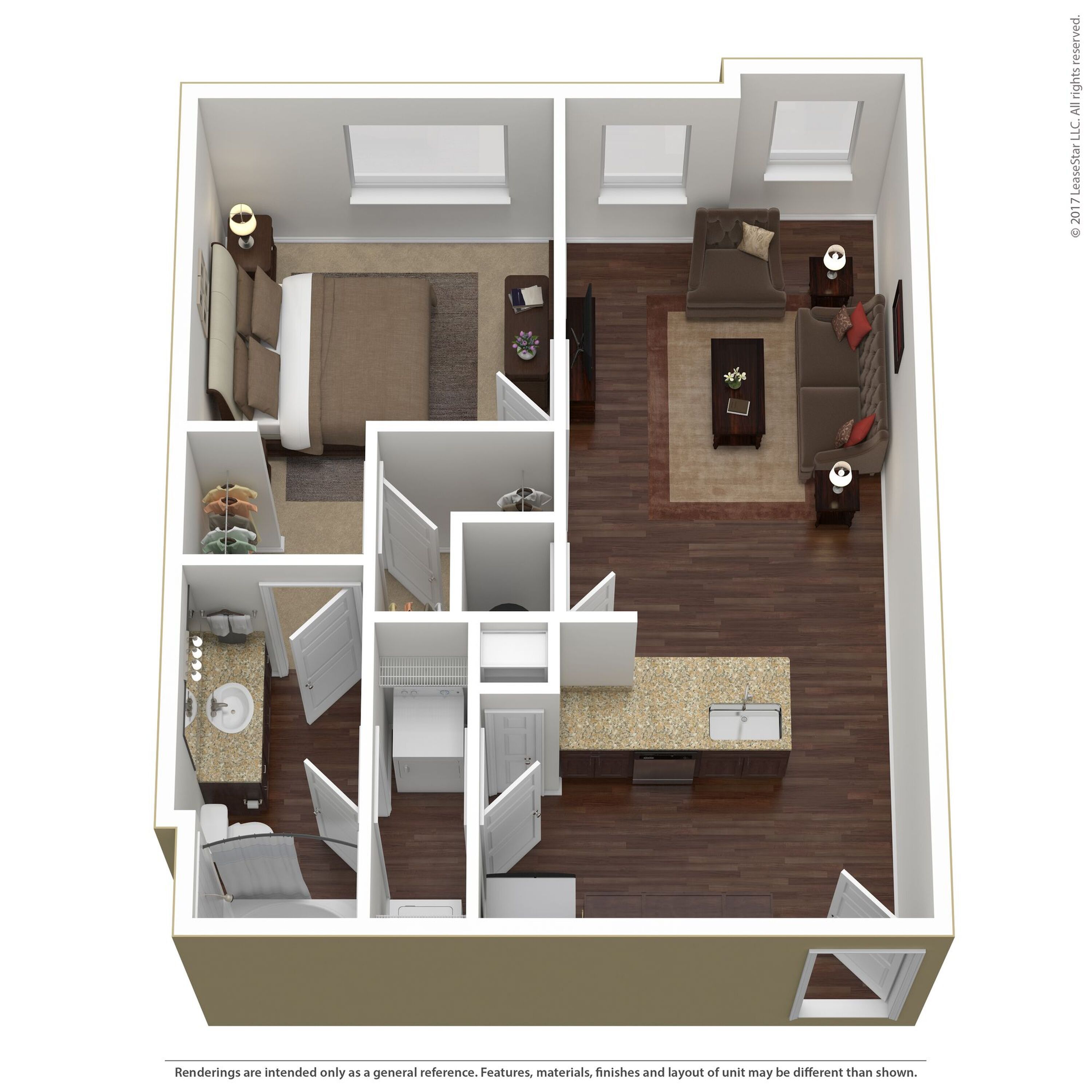 Charming 1-bedroom apartment floor plan featuring an elegant living room, spacious kitchen with granite countertops, and a stylish bathroom.