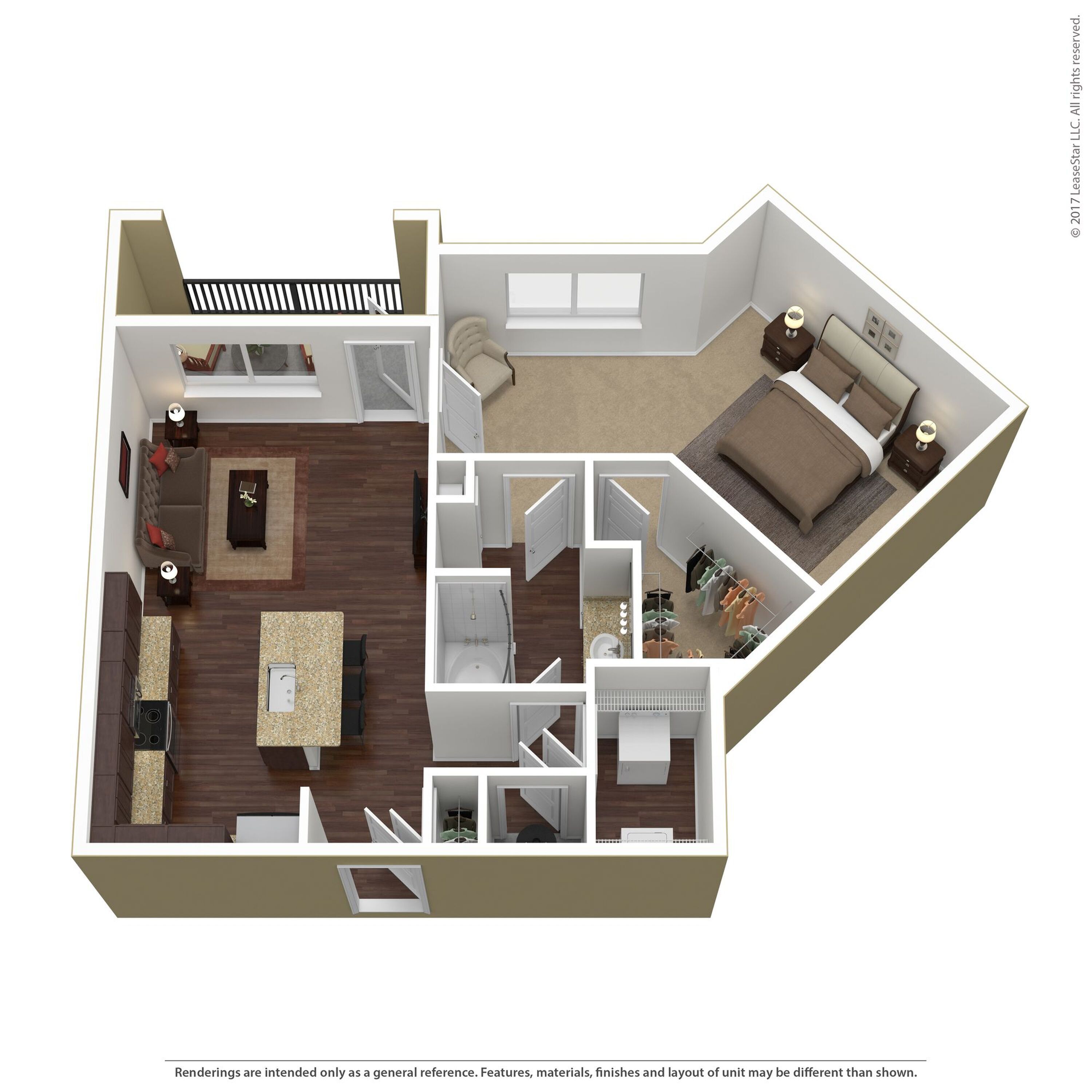 Modern 3D floor plan showcasing a cozy 1-bedroom apartment with an open-concept kitchen and living area, and a private balcony.