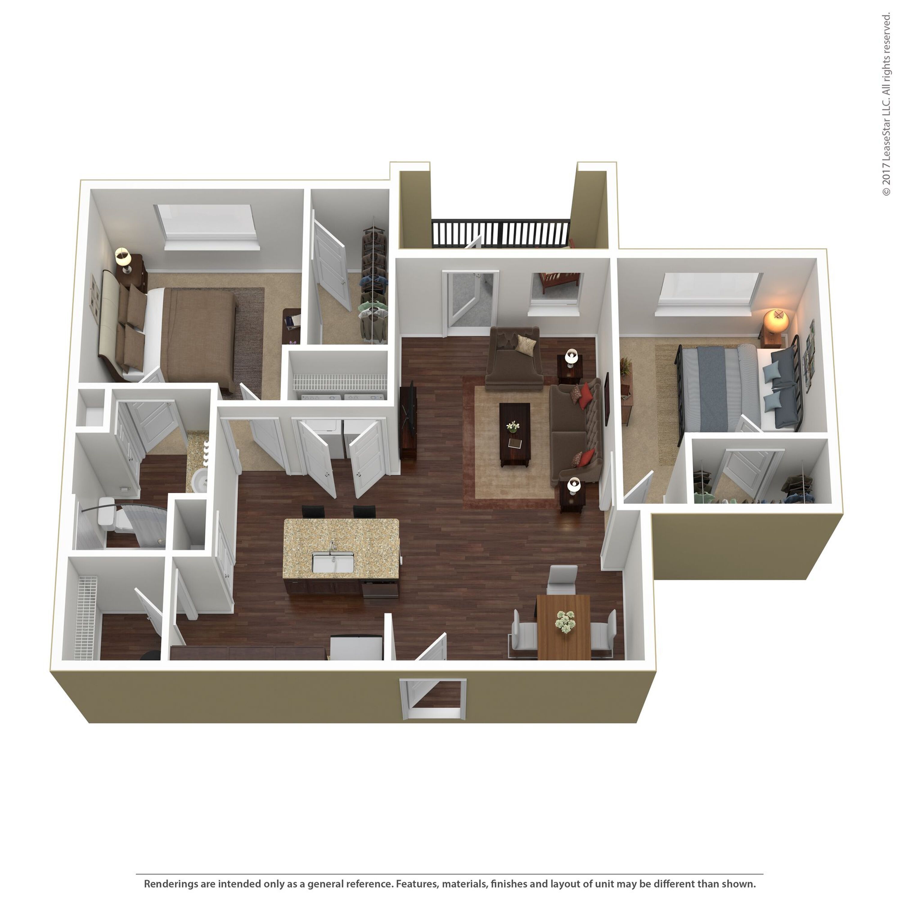Modern 3D apartment floor plan featuring 2 bedrooms, cozy living room, and an open kitchen with a breakfast bar.