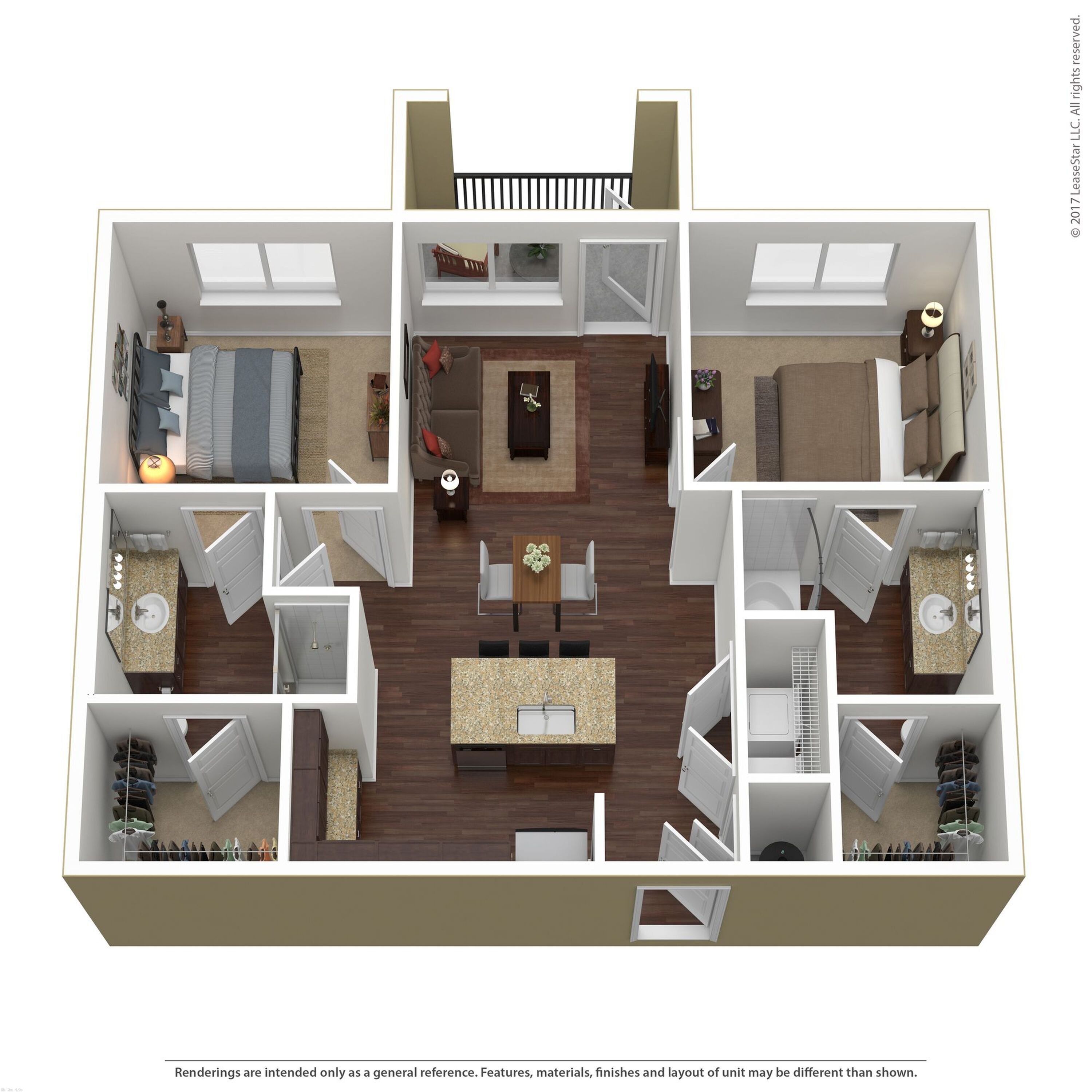 Modern 3D floor plan showcasing 2 bedrooms, an elegant open kitchen with an island, cozy living room, and dual bathrooms.