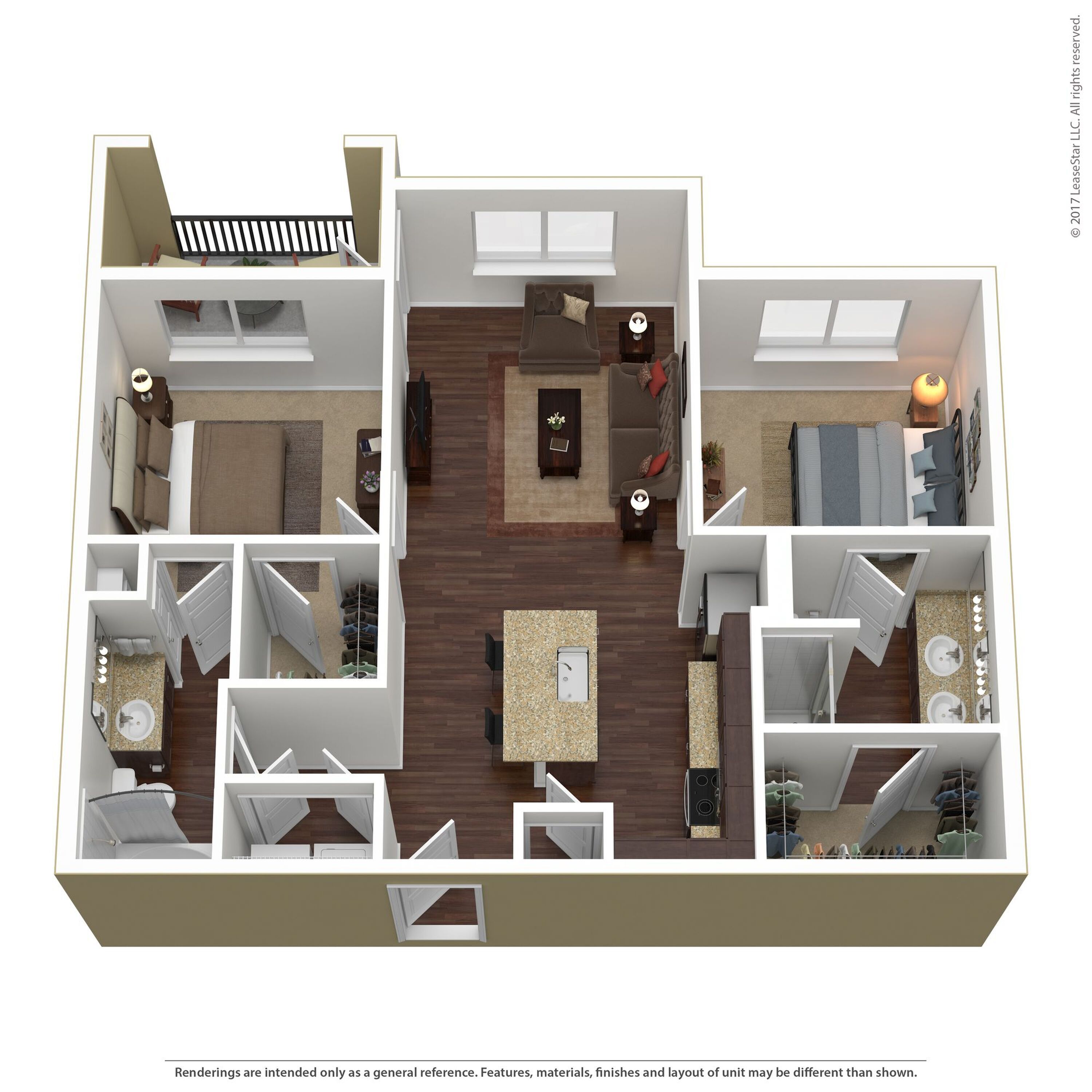 Modern 3D floor plan showcasing a spacious two-bedroom apartment with an open-concept living area, contemporary kitchen with an island, and dual bathrooms. Features a private balcony and stylish interior design.