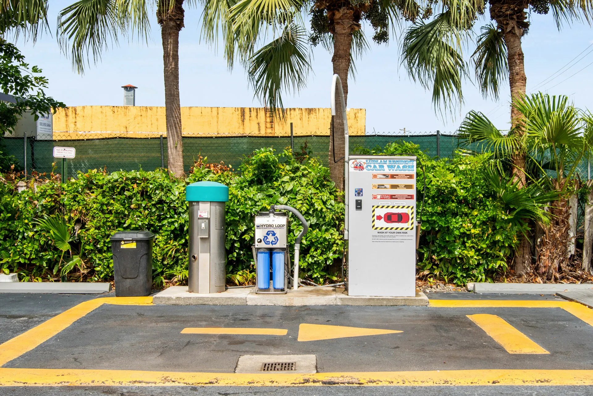 Vibrant outdoor car wash station nestled among lush greenery and palm trees.