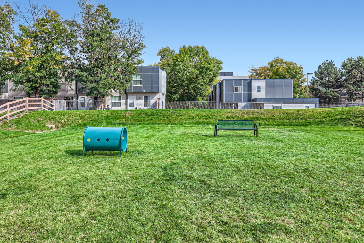 Vibrant green space with modern residential buildings in the background and a playful tunnel for pets.