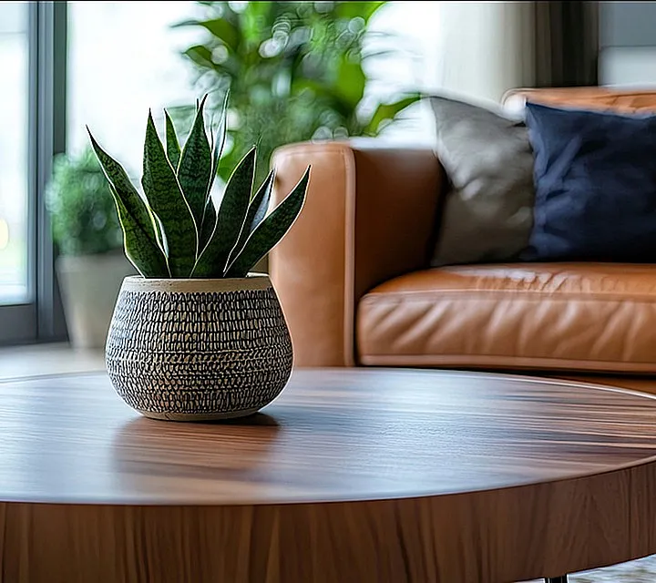 Chic living area with a stylish leather sofa adorned with plush cushions, a modern wooden coffee table, and a vibrant potted plant creating a welcoming ambiance.