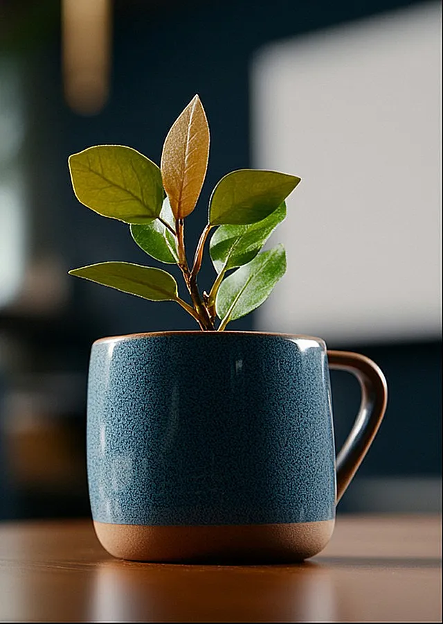 Chic and cozy living room with a stylish blue mug planter on a wooden table, exuding modern elegance.