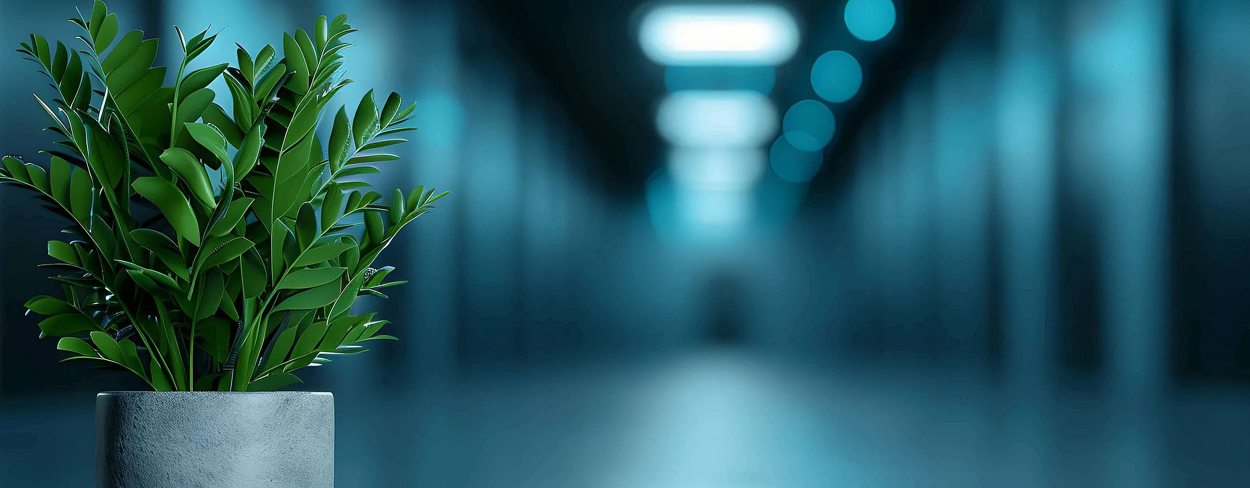 Modern minimalist corridor with stylish potted plant adding a touch of nature.