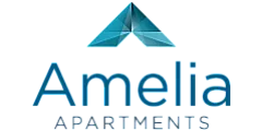 Elegant Amelia Apartments logo featuring a sleek, modern geometric design in calming blue tones.