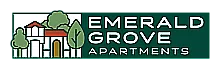 Charming logo for Emerald Grove Apartments featuring stylized trees and an elegant house, conveying a serene and welcoming atmosphere.