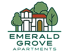 Elegant logo of Emerald Grove Apartments featuring a stylized building surrounded by trees, representing serene living.