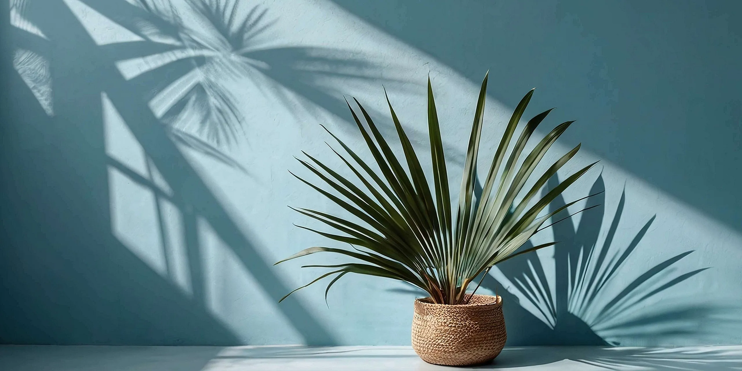 Elegant indoor plant casting artistic shadows against a tranquil blue wall, creating a serene ambiance.