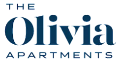 Logo for The Olivia Apartments, featuring elegant blue lettering conveying modern sophistication and stylish living.