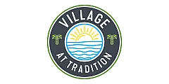 Vibrant logo of Village at Tradition with a sun rising over waves, framed by green palm trees, conveying a tropical and welcoming atmosphere.