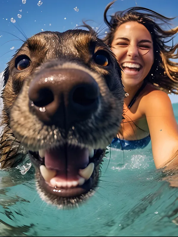 Woman swimming with dog
