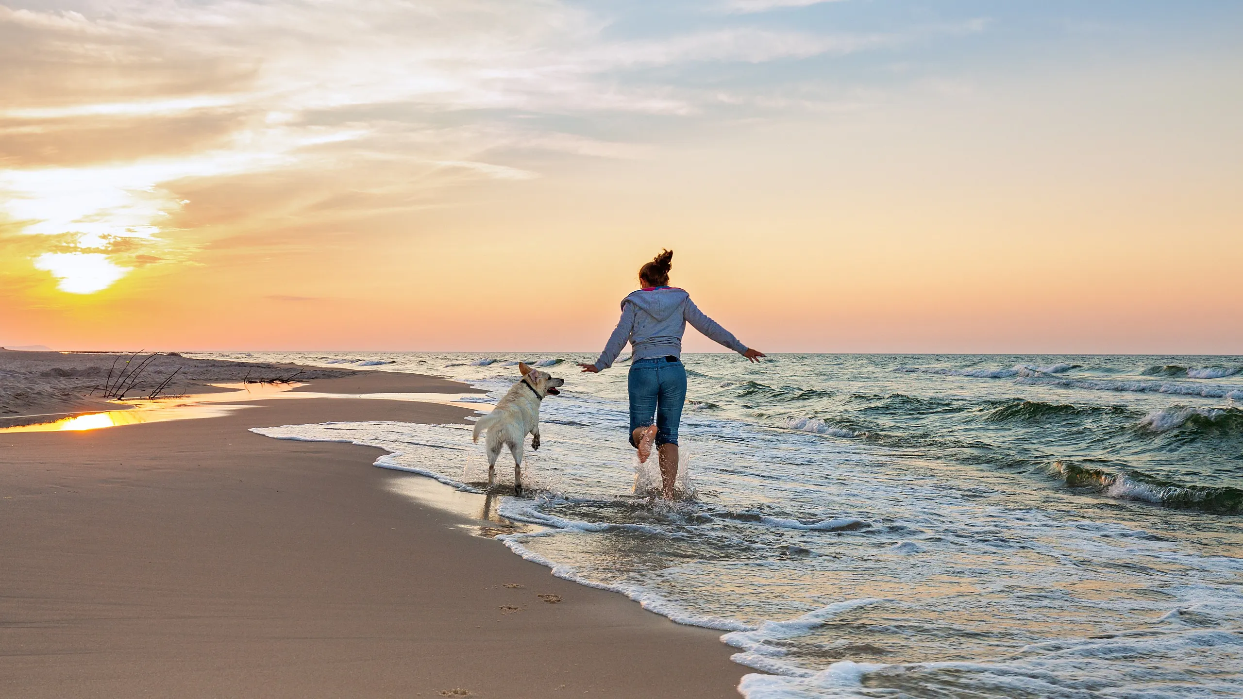 Woman running on the beach with a dog