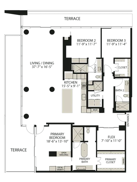 Penthouse floor plan with a spacious terrace, three bedrooms, open living area, and kitchen.