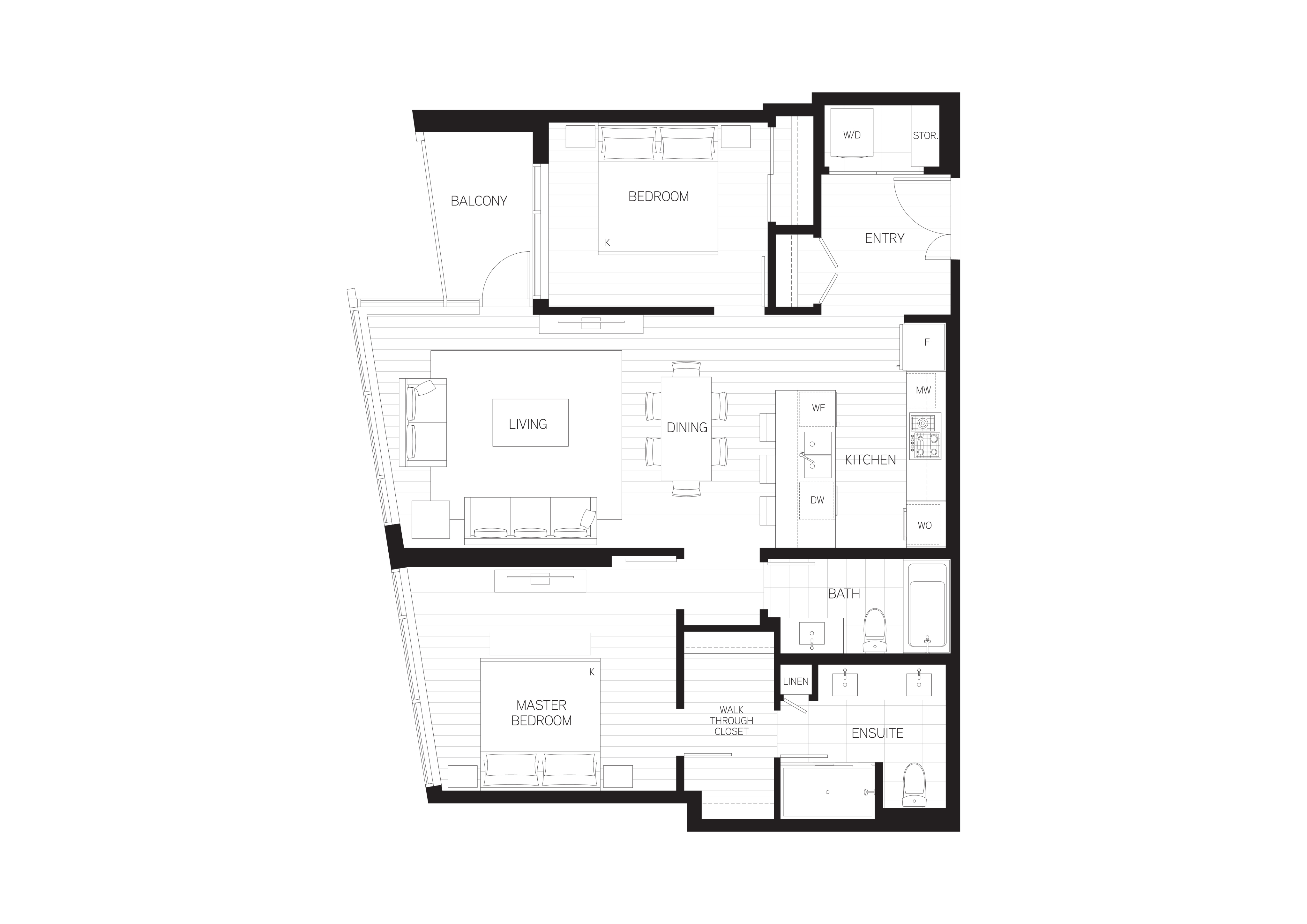 Modern 2D floor plan showcasing 2 bedrooms, spacious living and dining area, open kitchen, master suite with ensuite and walk-through closet, and a private balcony.