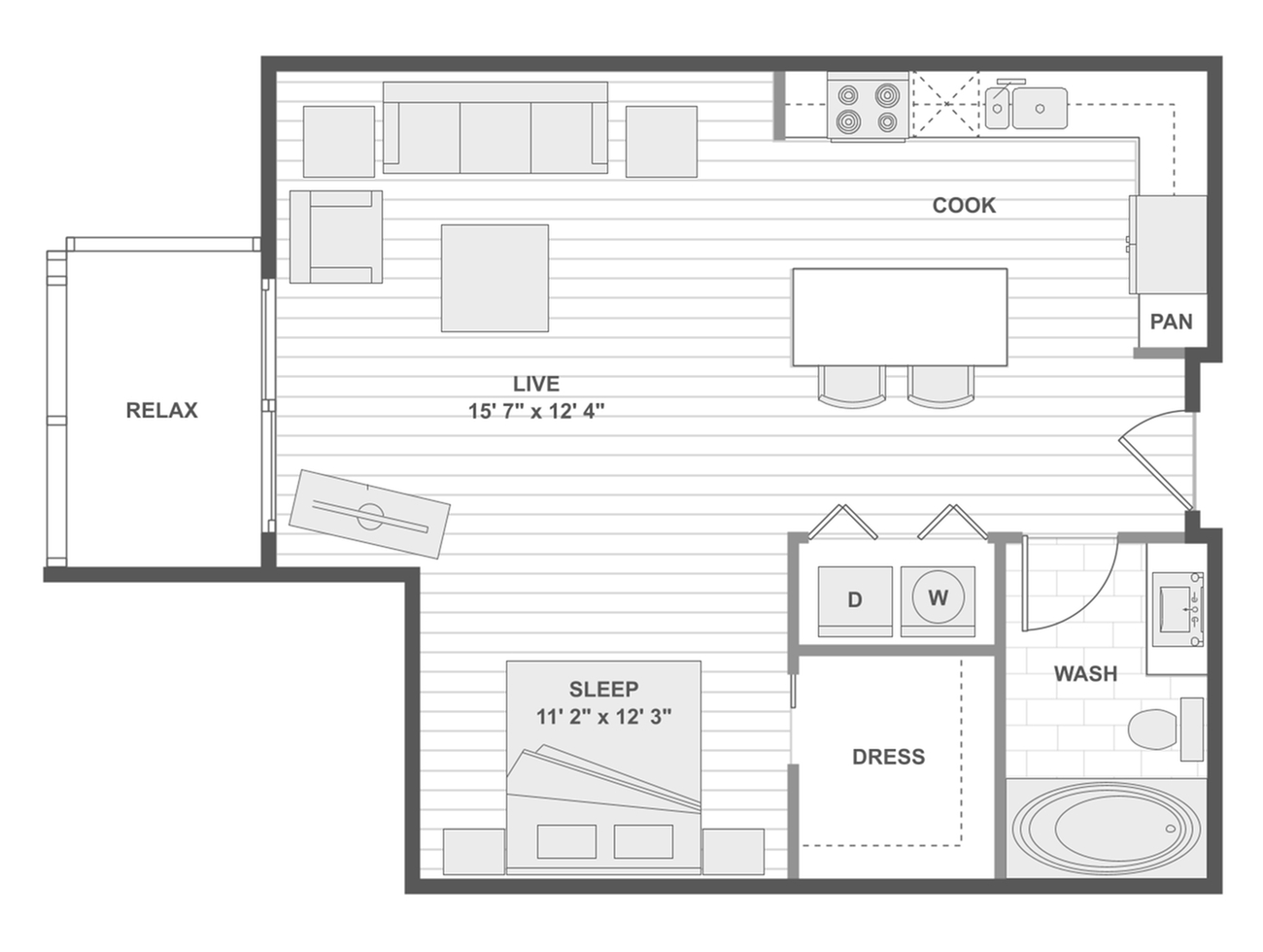 Modern floor plan featuring 1 bedroom with en-suite bathroom, spacious open-plan living and kitchen area, and a cozy outdoor relaxation space.